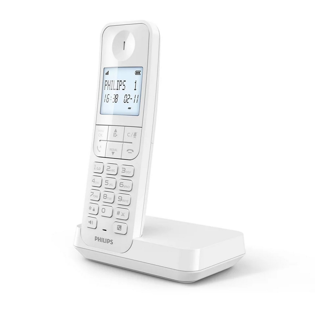 Teléfono Philips blanco sobre base blanca; pantalla muestra hora y estado de la batería.