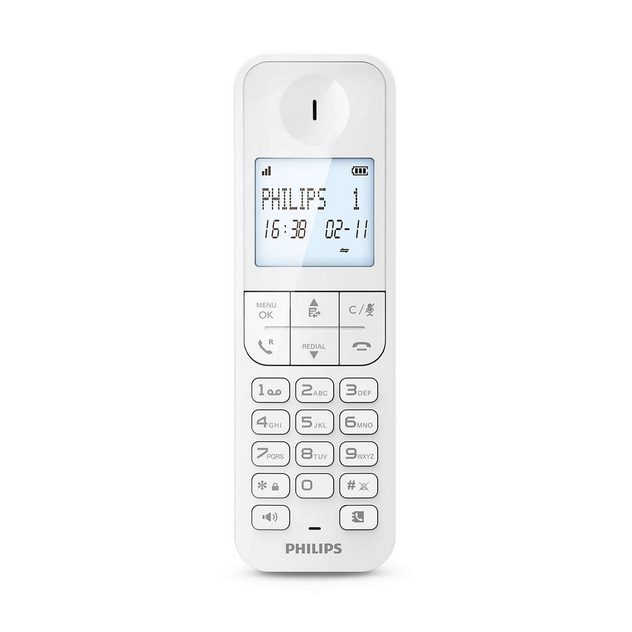 Teléfono inalámbrico blanco con pantalla que muestra la hora y la fecha, y teclado con números.