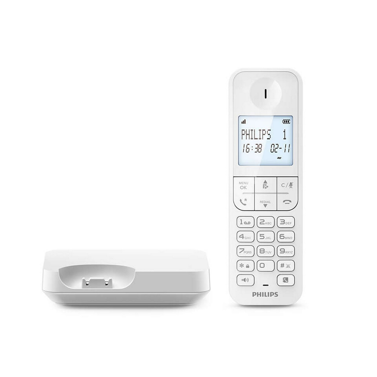 Un teléfono inalámbrico blanco con base. El teléfono tiene una pantalla con hora y fecha, y botones.