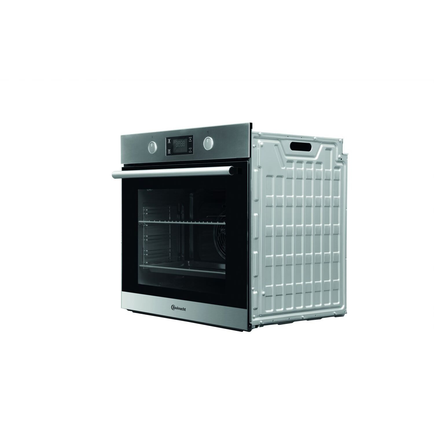 Ein Einbau-Backofen aus Edelstahl mit Glastür, Seitenansicht, auf Weiß.