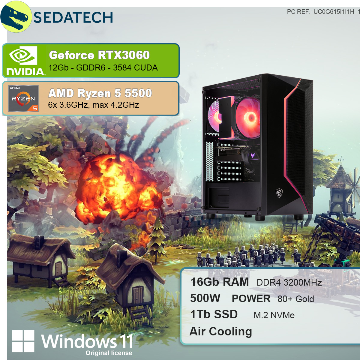 Gaming PC 11 RTX™ Windows 5500, mehrsprachig, GeForce Ryzen™ AMD GB NVIDIA GB SEDATECH 3060, 12 1000 AMD SSD, Prozessor, 5 Ryzen mit RAM, 16 Home 5 GB
