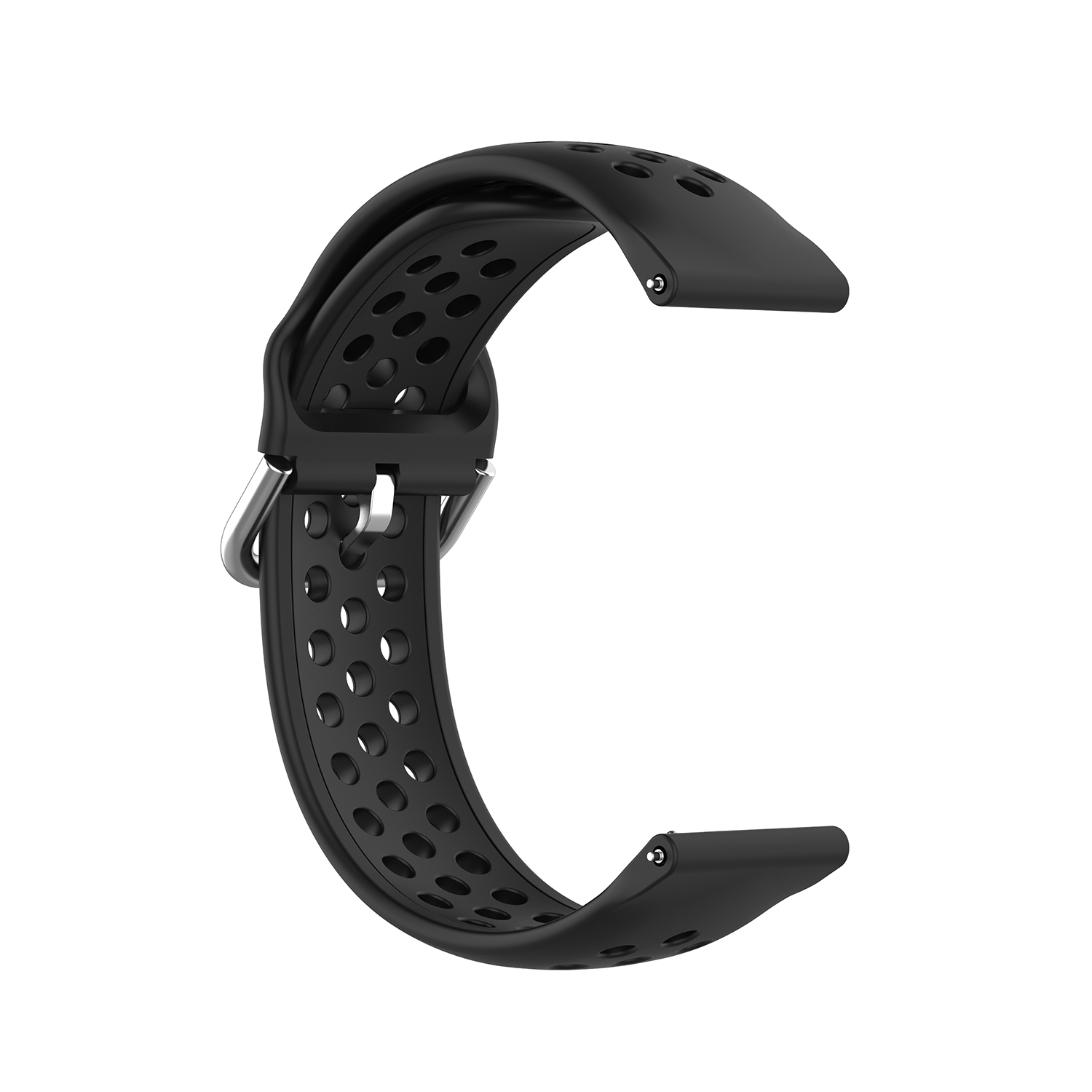 Schwarzes Uhrenarmband mit Löchern. Es hat eine Metallschnalle. Perforiertes Design für Atmungsaktivität.