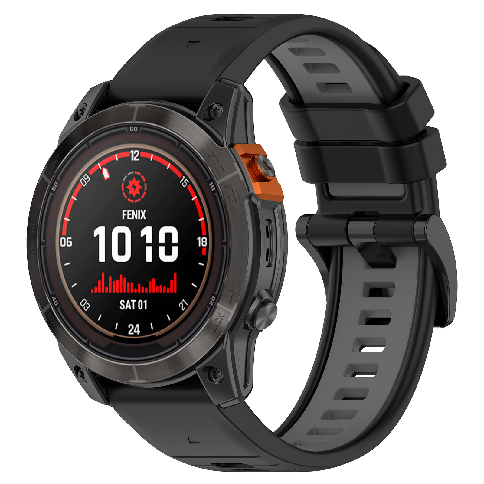 Schwarze Smartwatch mit orangefarbenem Knopf. Bildschirm zeigt Zeit und Gesundheitsdaten.