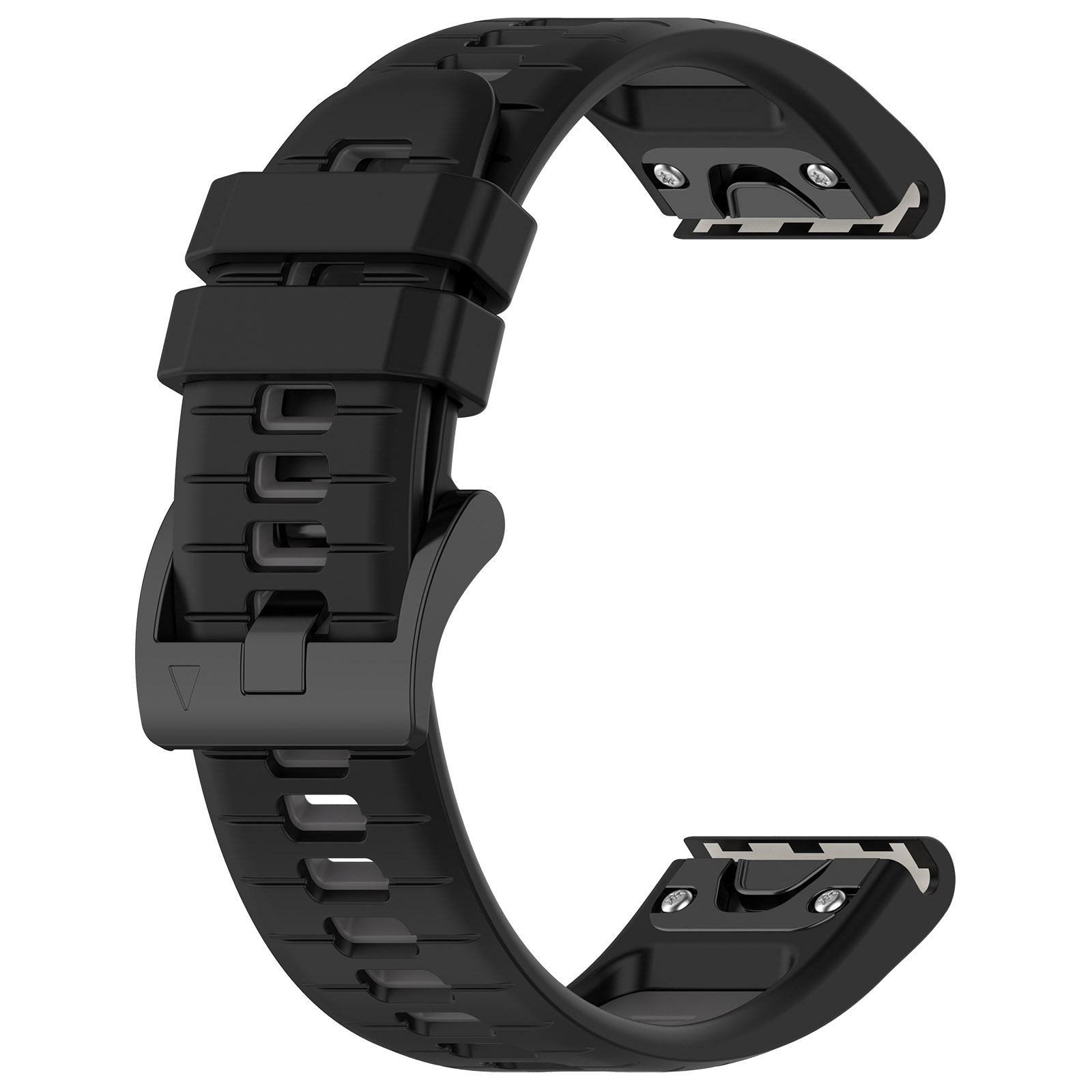Schwarzes Uhrenarmband mit Schnalle. Das Band ist gebogen und hat Rillen. Es besteht aus einem gummiartigen Material.