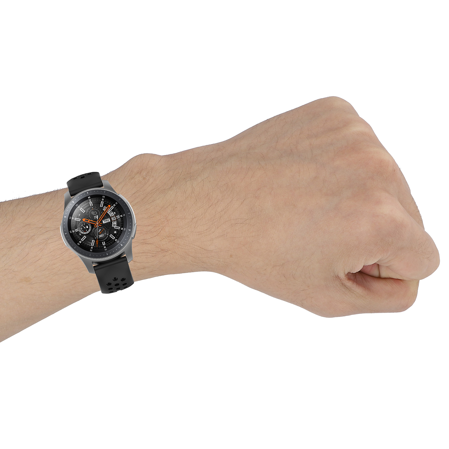 Handgelenk mit Smartwatch und schwarzem Armband.