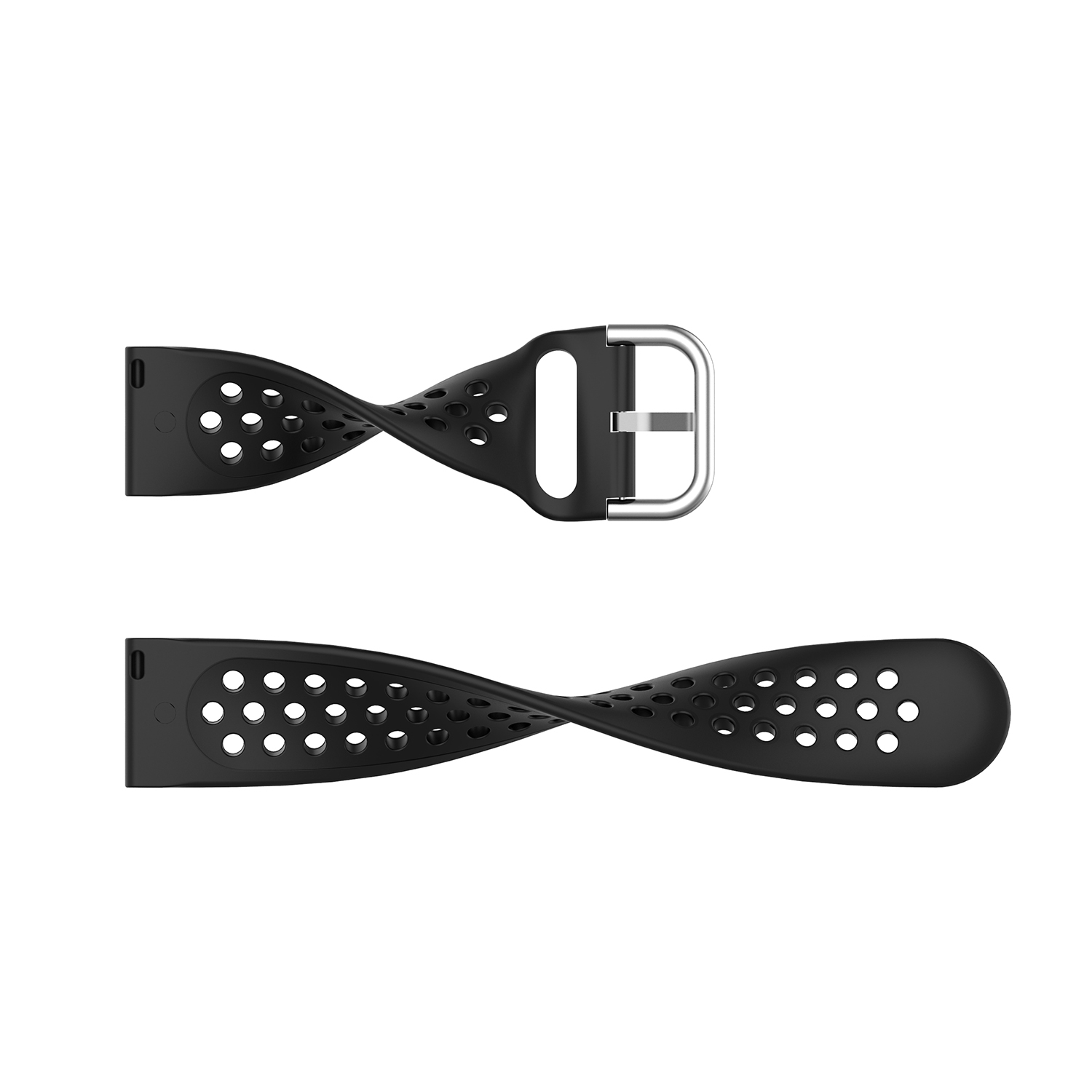 Zwei schwarze Uhrenarmbänder mit Löchern und einer silbernen Schnalle.