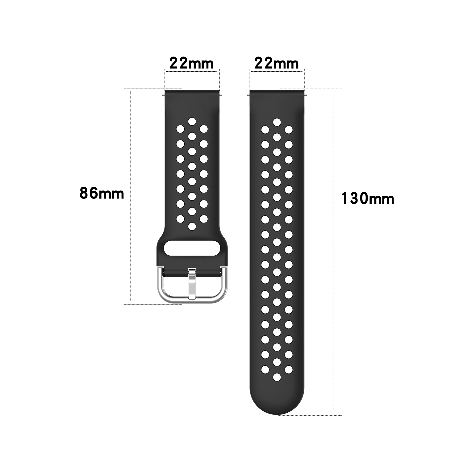 Un cinturino nero con dimensioni: 86 mm, 22 mm e 130 mm. Il cinturino è forato.