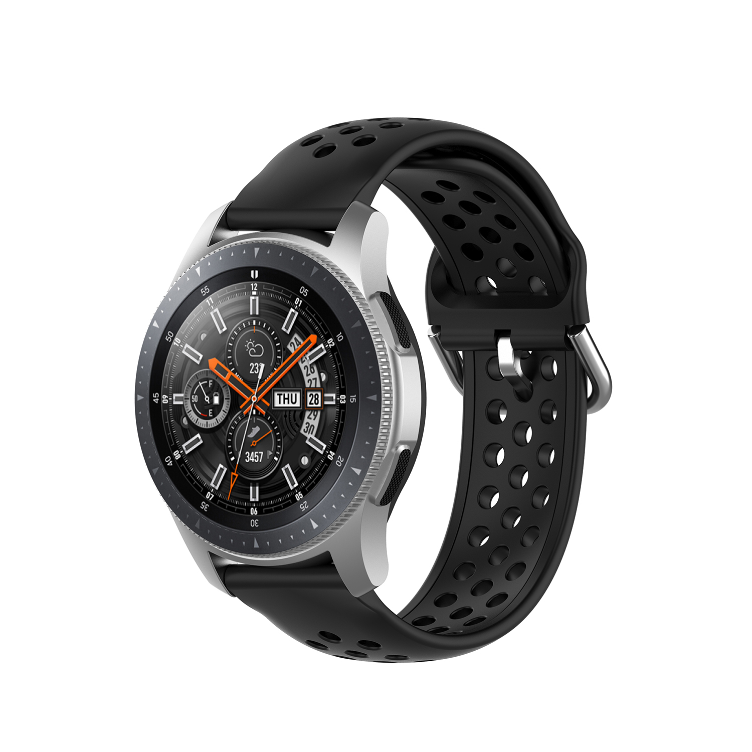 Silberne Smartwatch mit schwarzem Armband. Die Uhr zeigt Datum und Uhrzeit. Sie ist auf weißem Hintergrund.