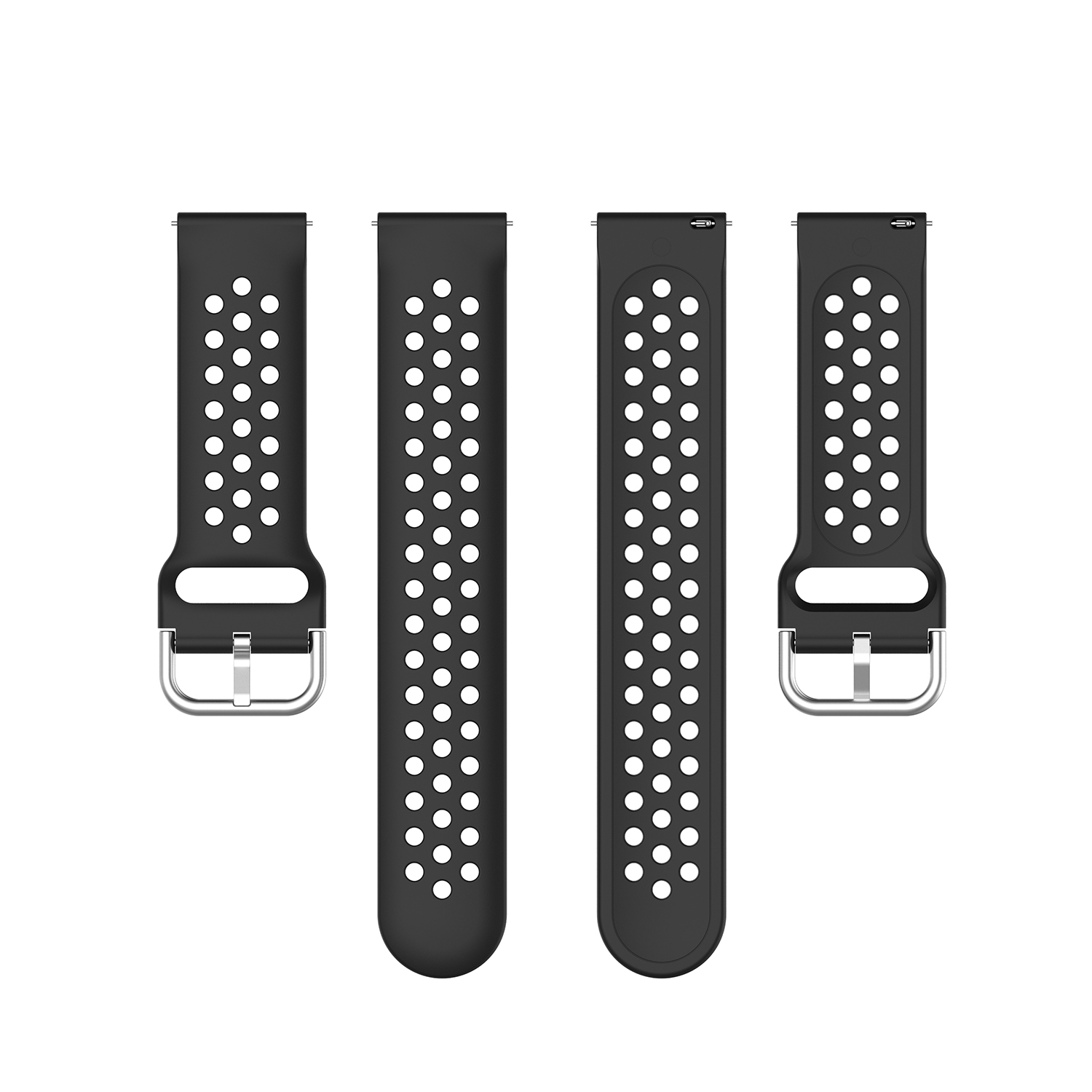 Vier schwarze Uhrenarmbänder mit Löchern und Metallverschlüssen, isoliert auf Weiß.
