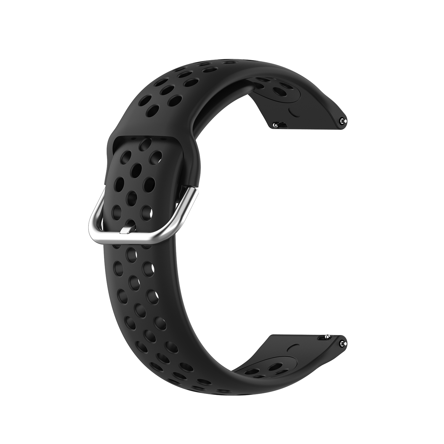 Ein schwarzes Uhrenarmband mit vielen kleinen Löchern und einer silbernen Schnalle.