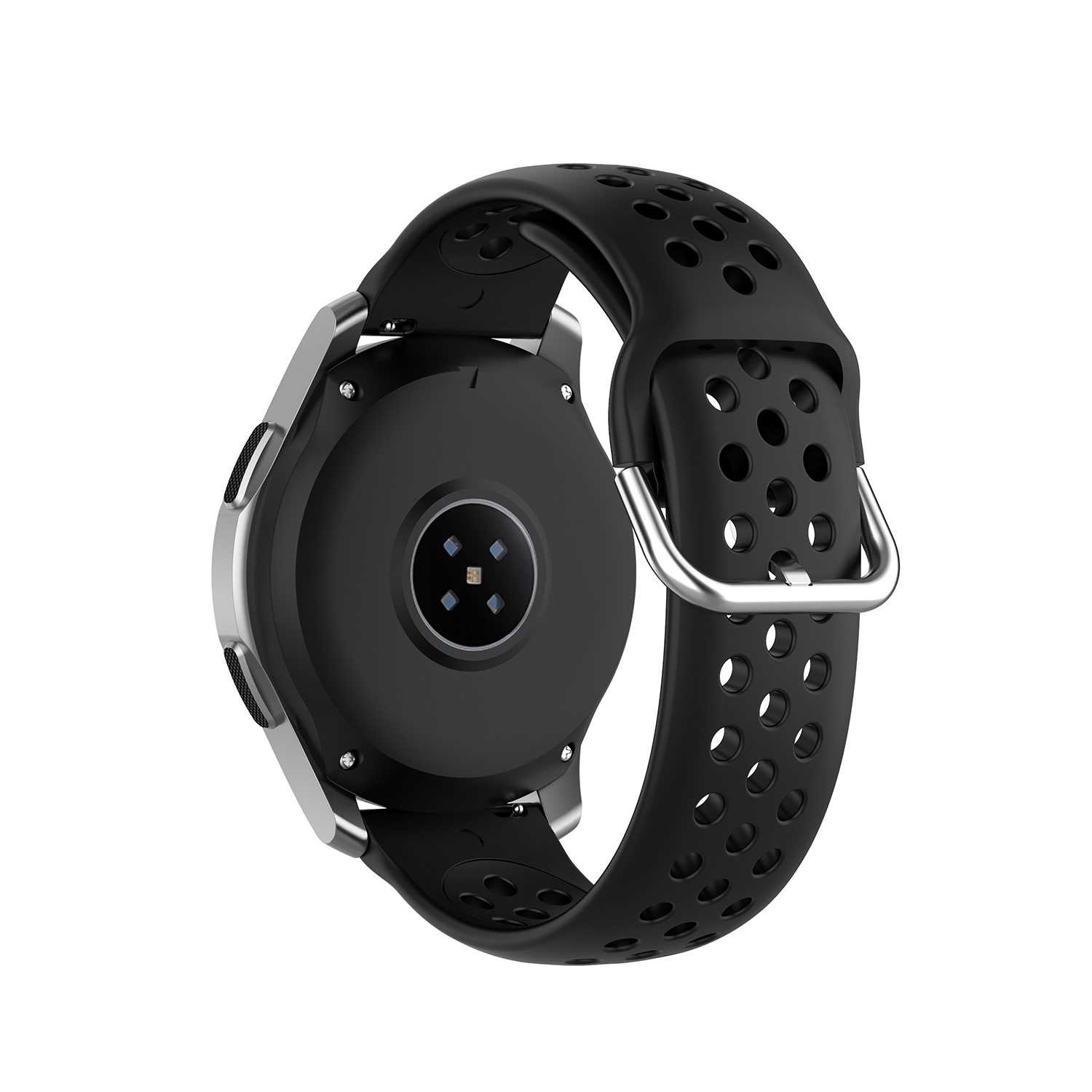 Eine schwarze Smartwatch mit schwarzem, perforiertem Armband. Die Rückseite hat einen Herzfrequenzsensor.