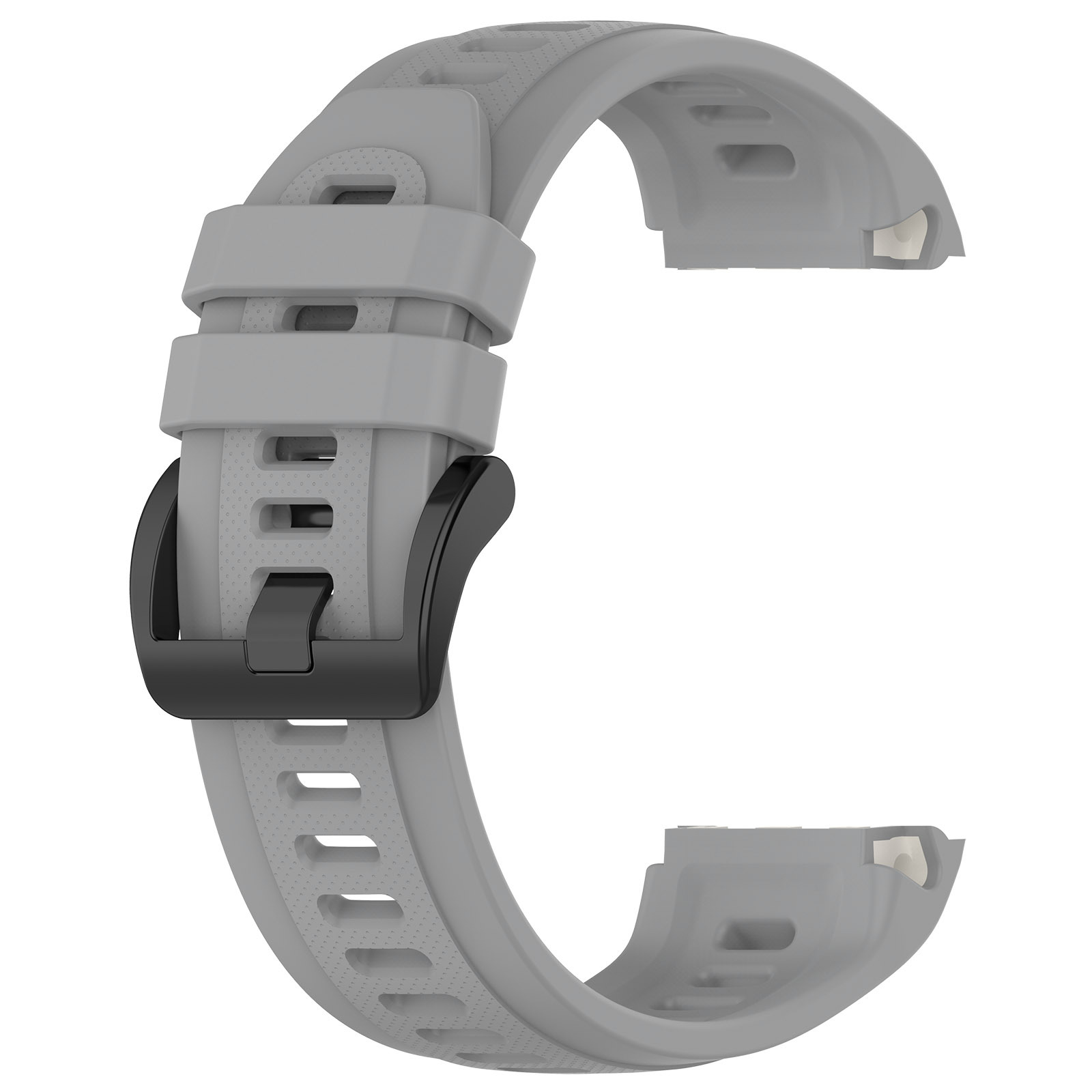 Graues Uhrenarmband mit schwarzer Schnalle. Das Band hat Löcher. Die Schnalle ist geschlossen.