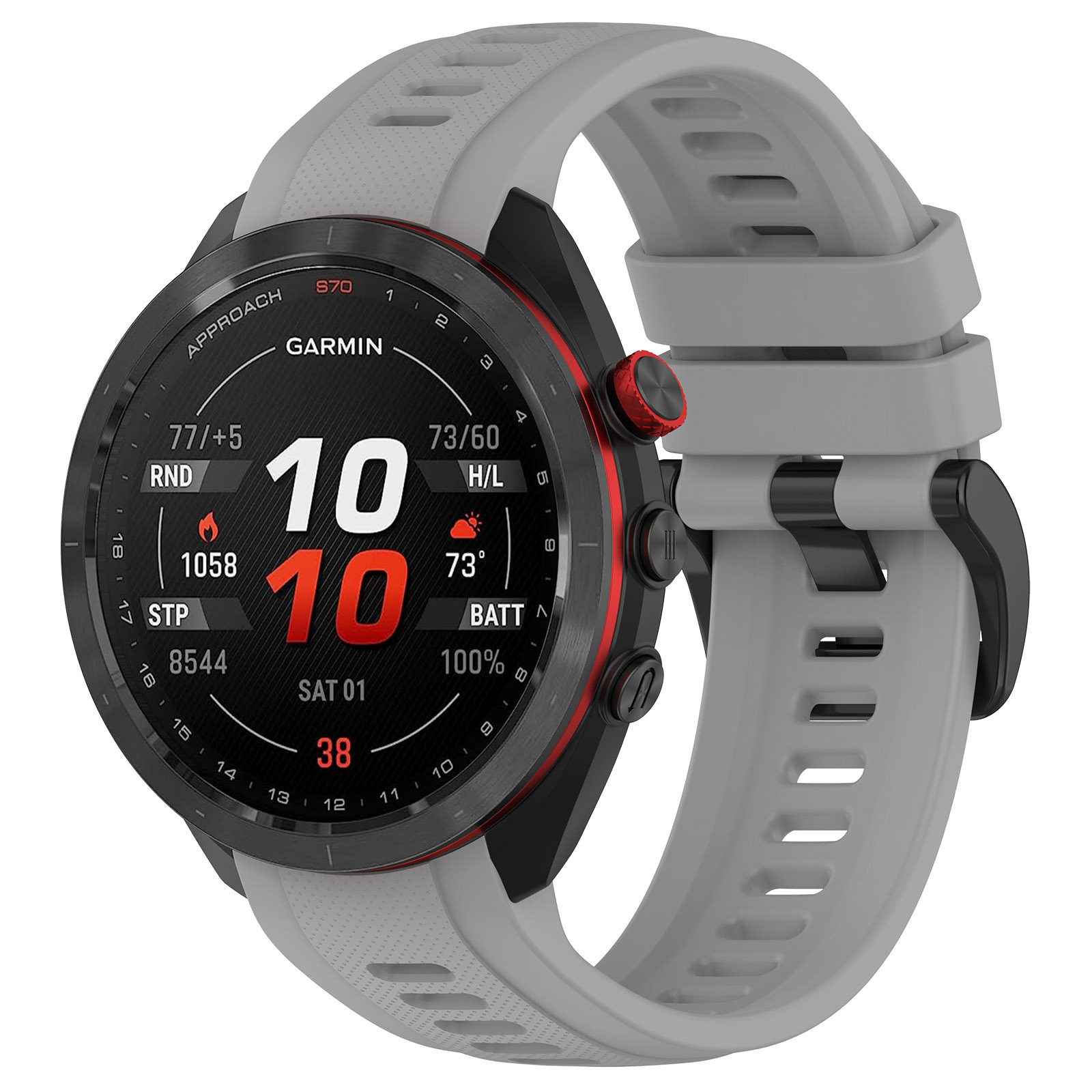 Garmin Approach S70 Uhr mit grauem Armband, schwarzer Lünette und roten Akzenten.