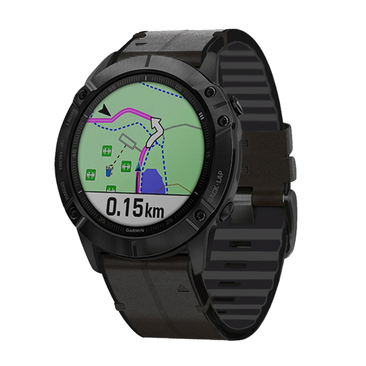 Schwarze Garmin-Uhr mit Karte auf dem Bildschirm. Braunes Armband. Weißer Hintergrund.