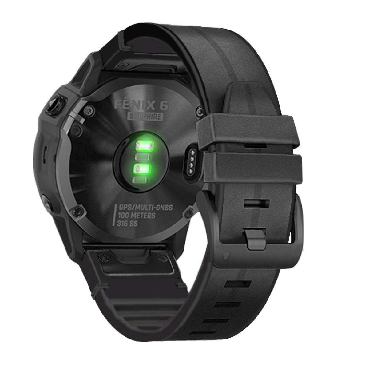 Schwarze Smartwatch mit der Rückseite nach oben, zeigt einen Herzfrequenzsensor und ein Armband.