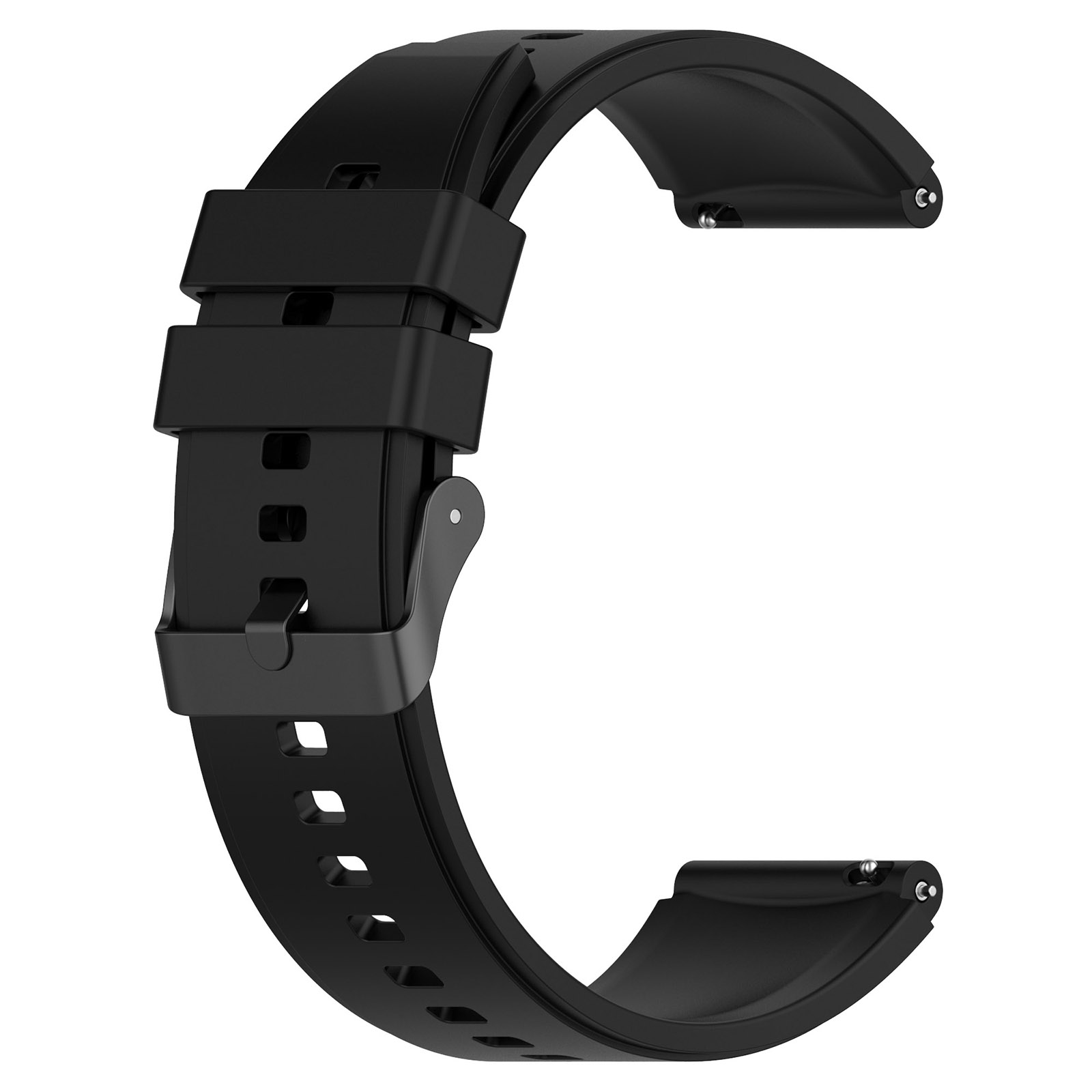 Schwarzes Uhrenarmband mit Schnalle. Es ist gebogen und hat Stifte zur Befestigung.