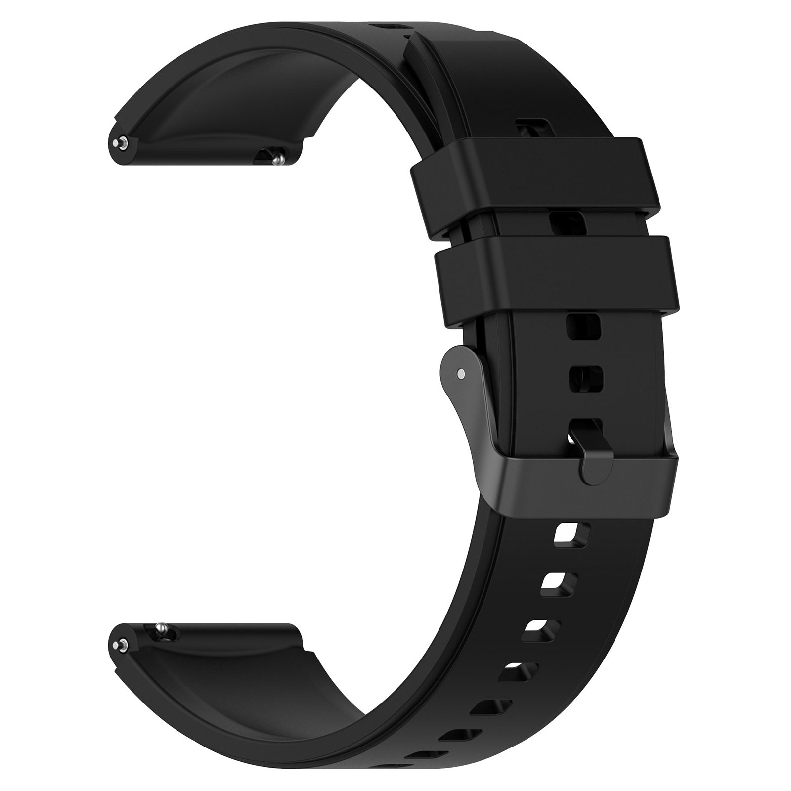 Schwarzes Uhrenarmband mit Schnalle. Der Riemen besteht aus gummiartigem Material.