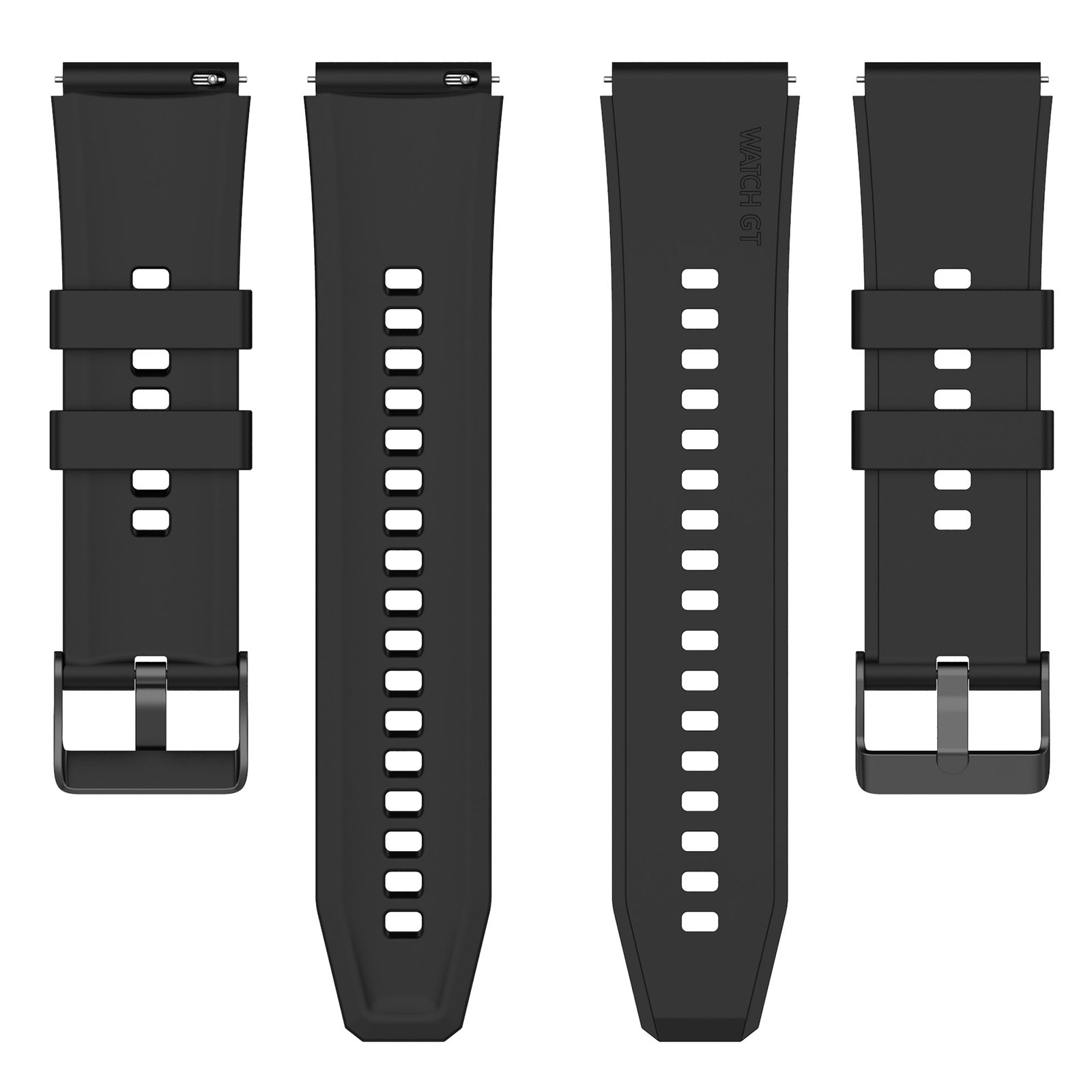 Vier schwarze Uhrenarmbänder mit Schnallen, in einer Reihe angeordnet.