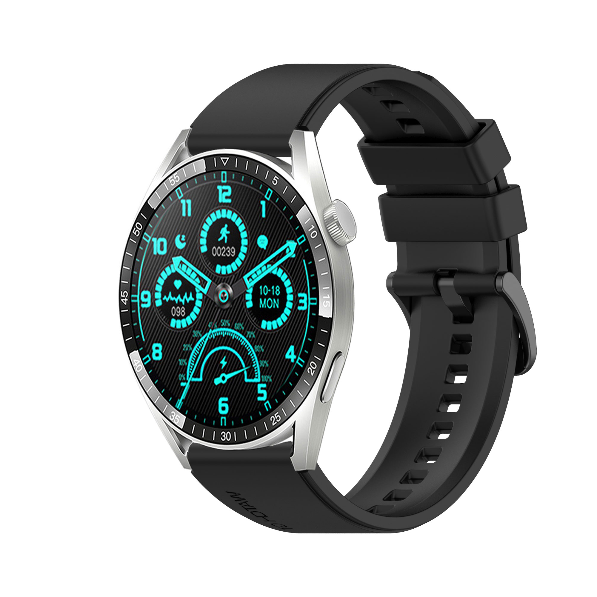 Smartwatch met zwarte band, zilveren behuizing en een zwart scherm met informatie. Het scherm is aan.
