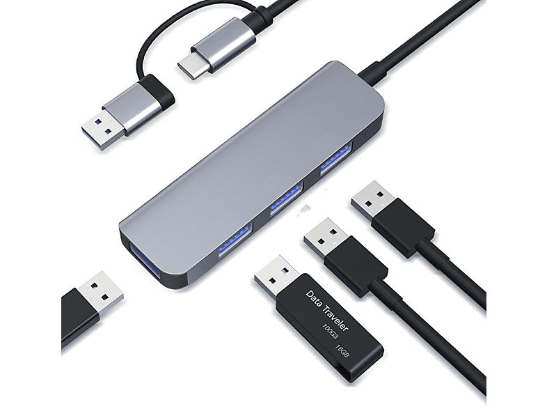 INF Dualer USB-C- und USB-A-Hub mit 1 USB3.0-Anschluss und 3 USB2.0-Anschl USB-Hub, Silbergrau | Dockingstations
