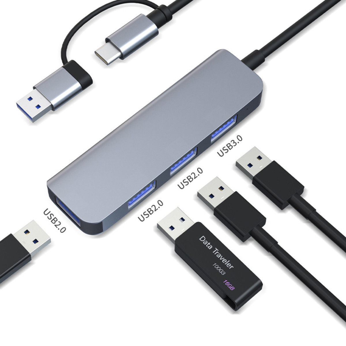Silberner USB-Hub mit USB-Anschlüssen und USB-Laufwerken auf weißem Hintergrund.