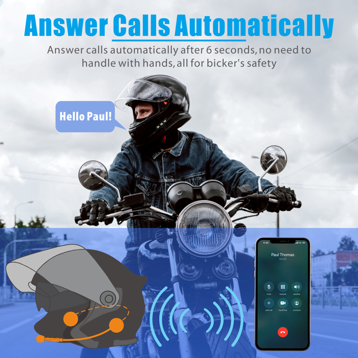 Mann auf Motorrad mit Helm. Telefon zeigt Anrufbildschirm. Text: 'Anrufe automatisch annehmen'.