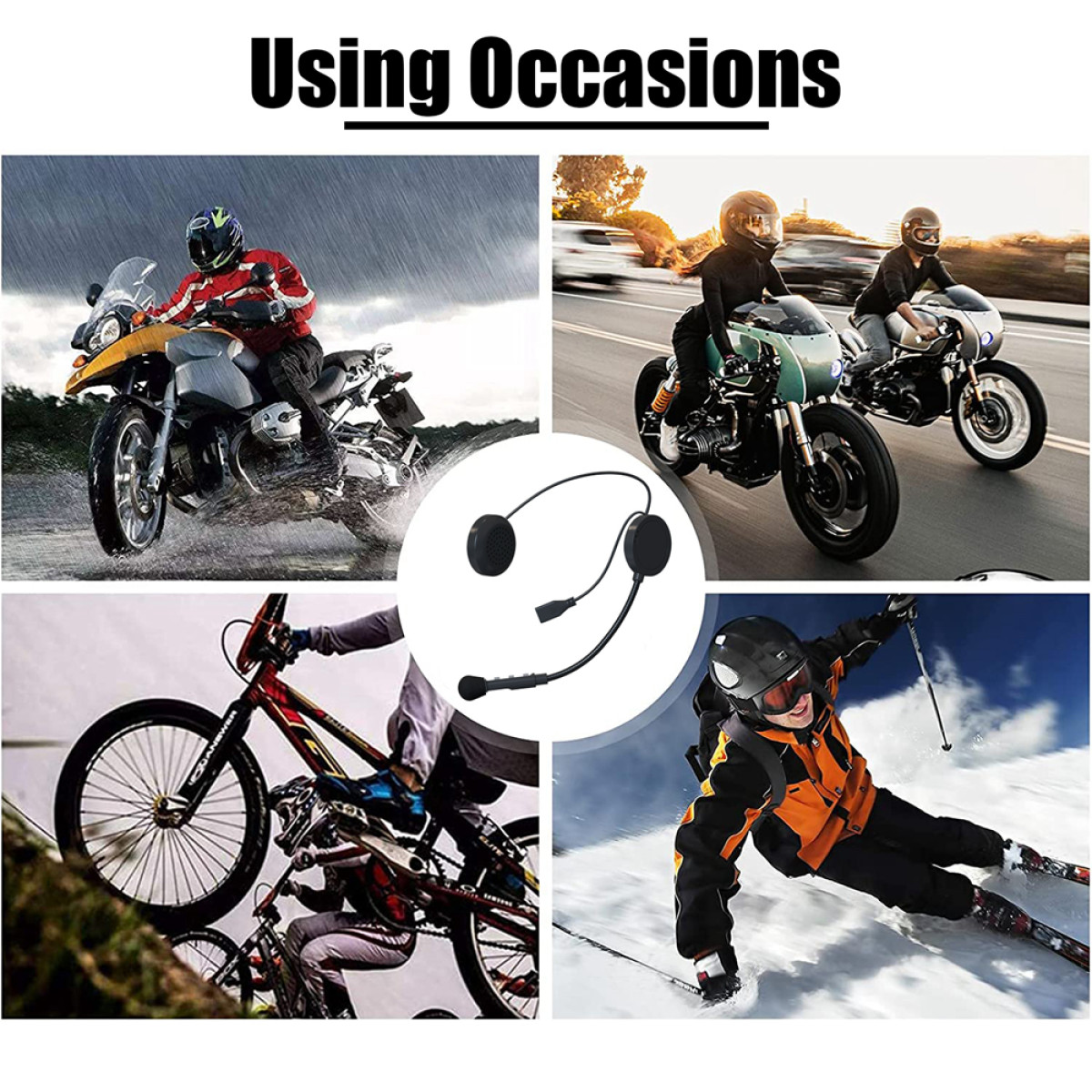 Bilder, die verschiedene Verwendungen eines Motorradhelm-Kommunikationssystems zeigen. Motorradfahrer, Skifahrer und Biker.