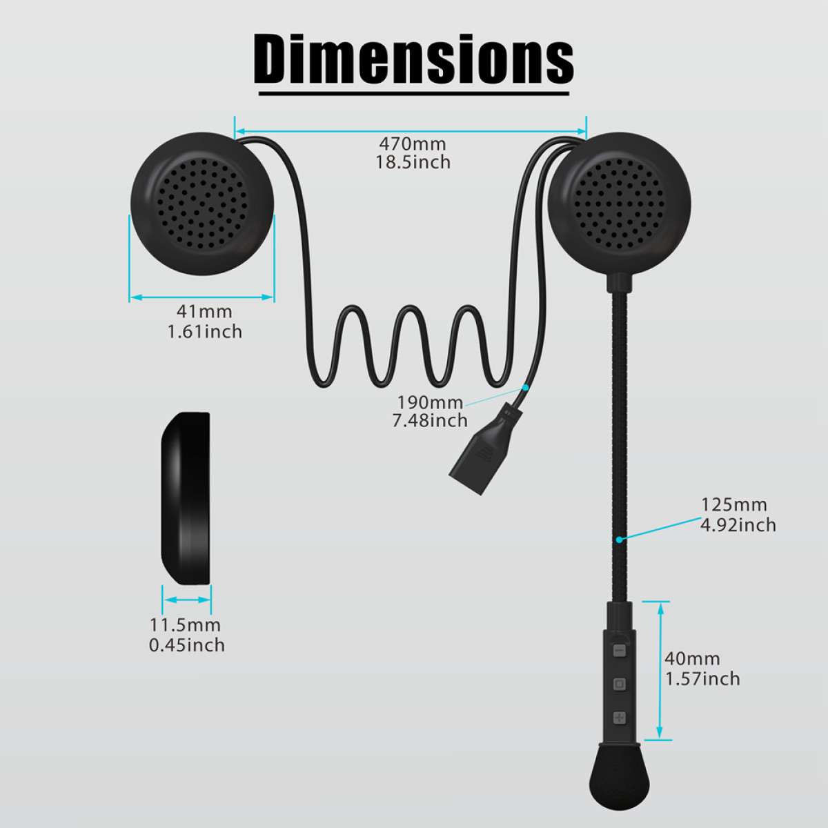 Diagramm eines Headsets mit Abmessungen. Es enthält ein Mikrofon und Ohrlautsprecher. Weißer Hintergrund.