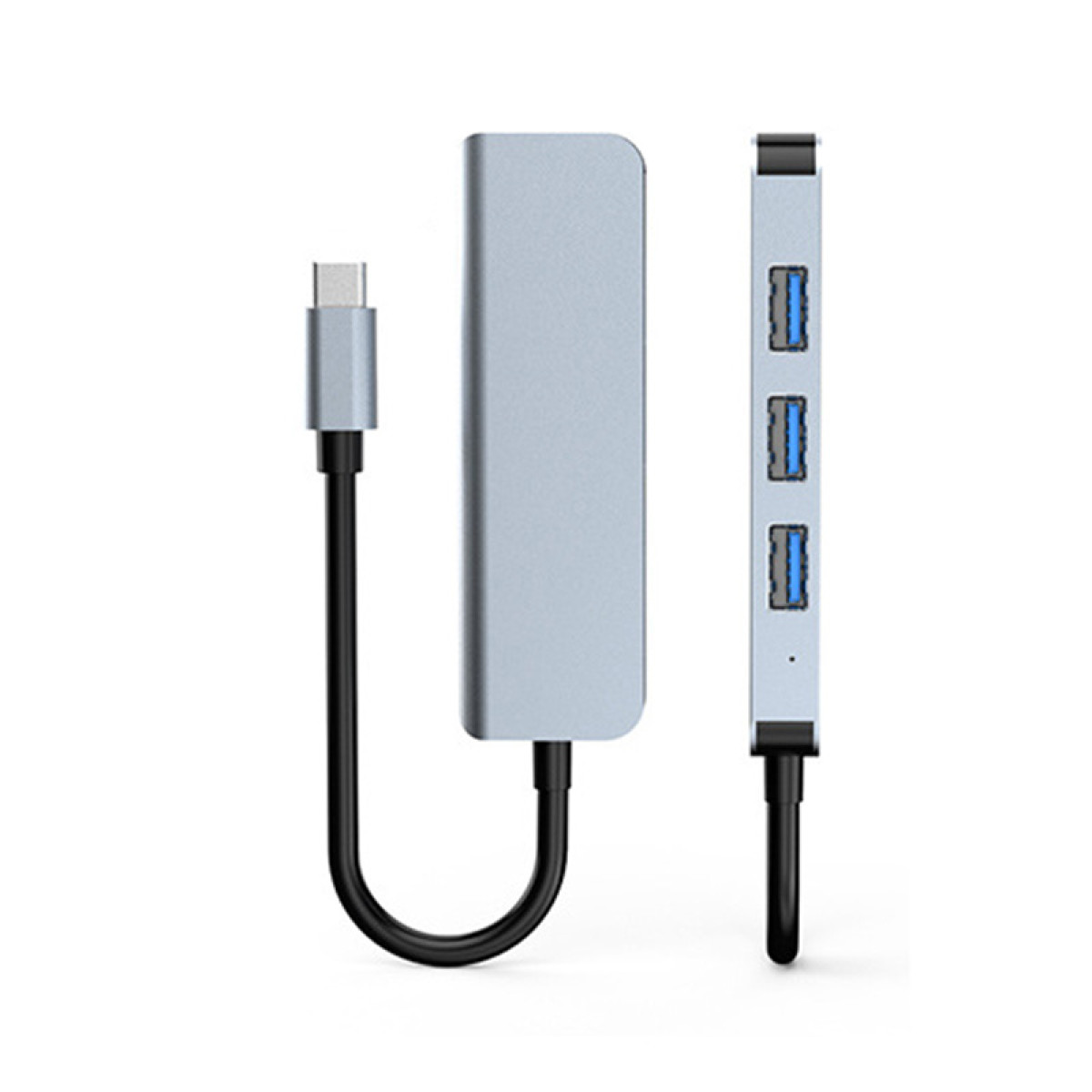 Ein silberner USB-Hub mit einem USB-C-Anschluss und drei USB-Anschlüssen, alle vertikal angeordnet.
