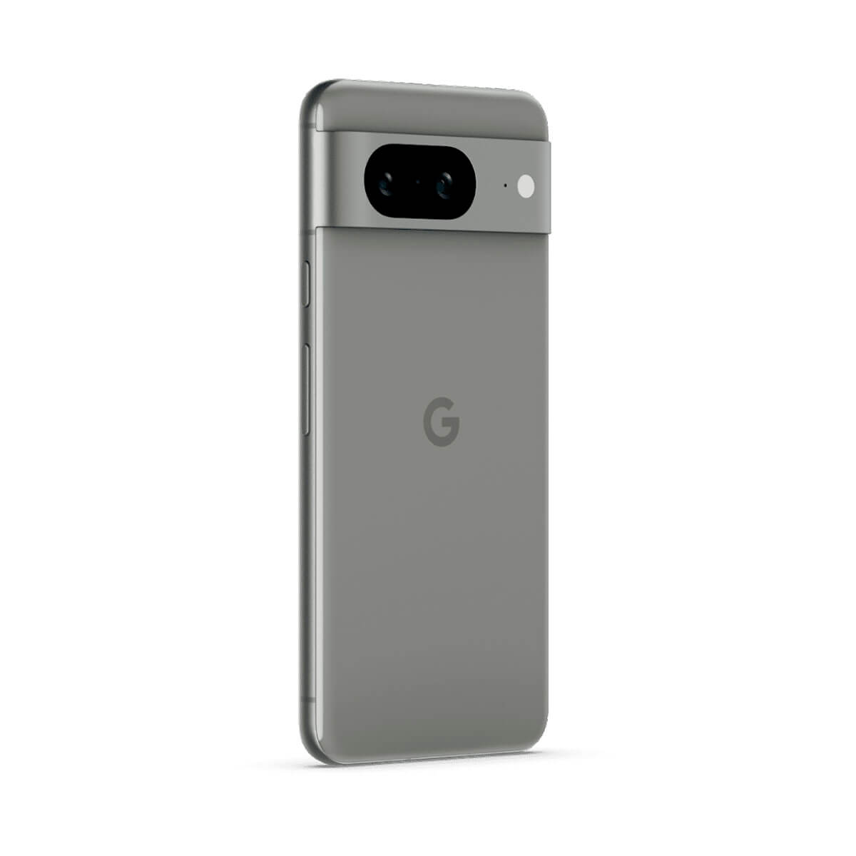 Szary telefon Google Pixel 7, widok z tyłu, z paskiem aparatu i logo G.