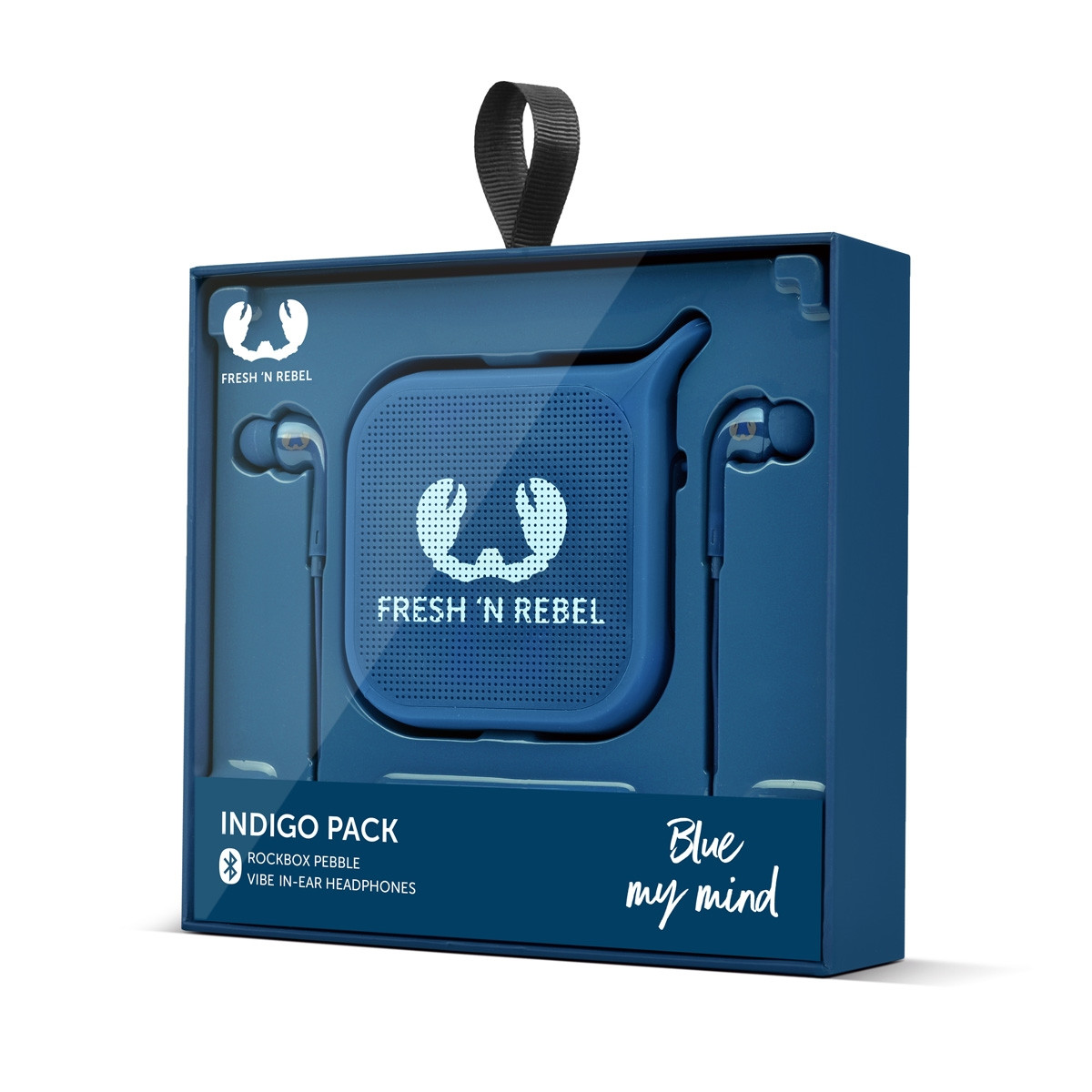 Niebieskie słuchawki w niebieskim pudełku z napisem 'FRESH'N REBEL' i 'Blue my mind'.
