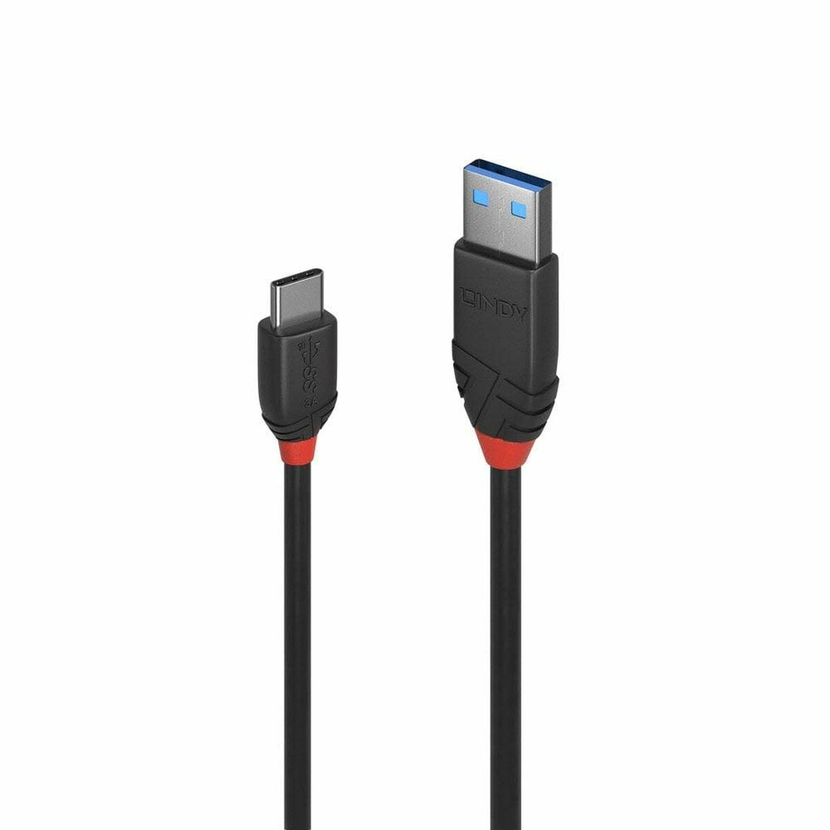 Un câble USB-C vers USB noir et rouge. Les connecteurs sont noirs avec des accents rouges.