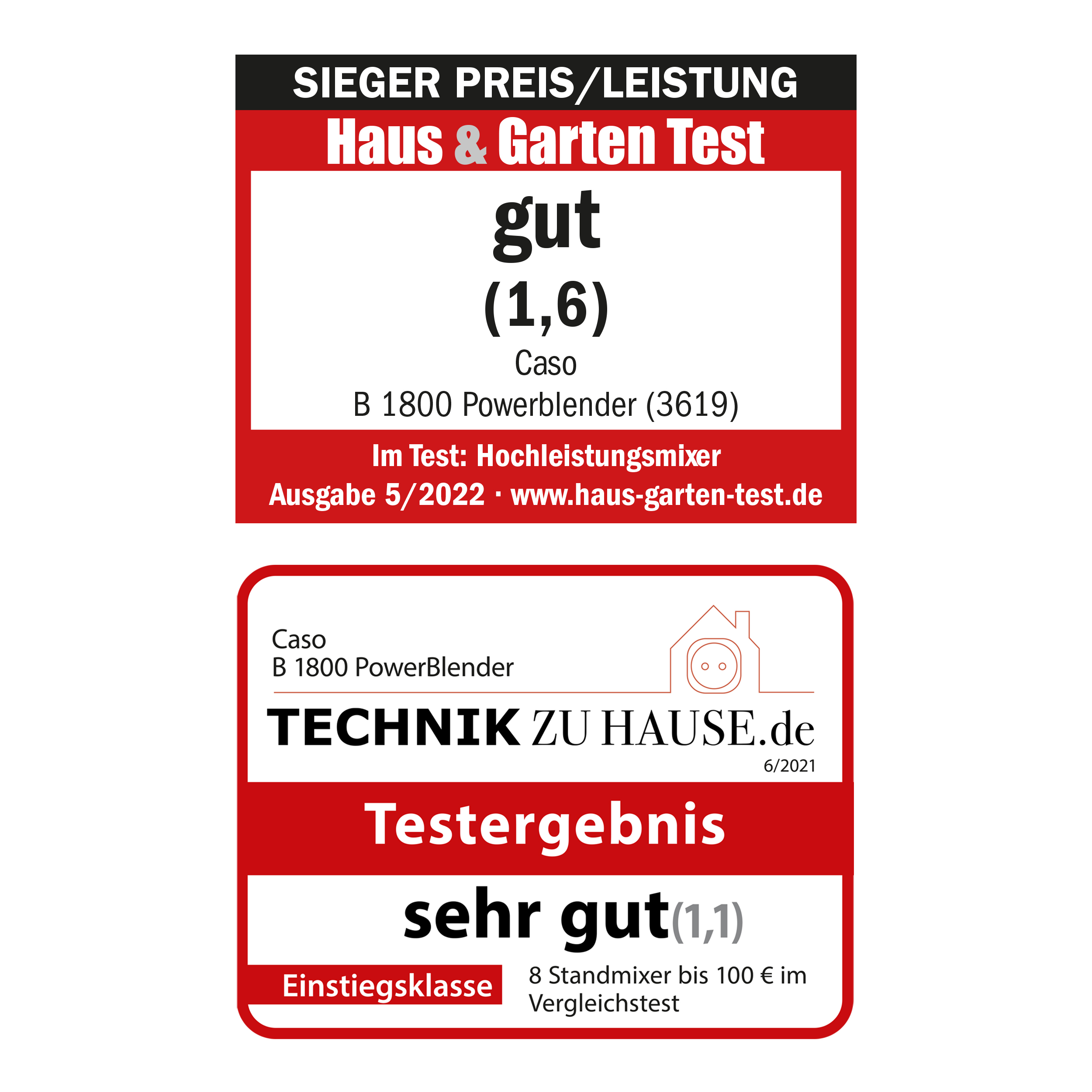 Zwei Produktbewertungen werden gezeigt. Ein Mixer wird mit 'gut' bewertet und der andere mit 'sehr gut'.