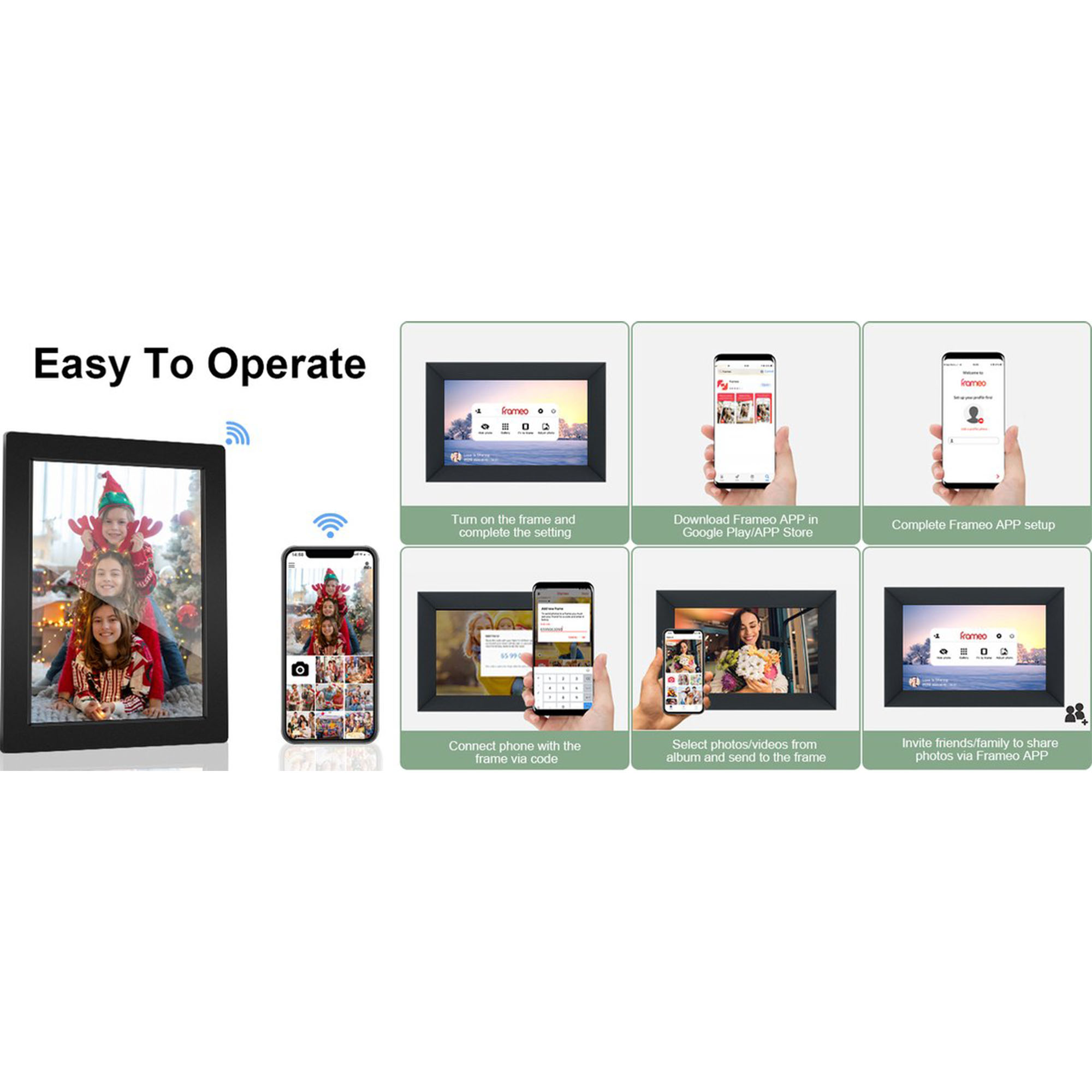 Schemat przedstawiający kroki konfiguracji cyfrowej ramki na zdjęcia, w tym użycie aplikacji na smartfonie.