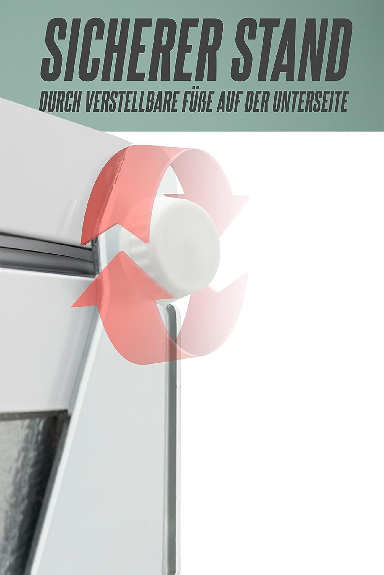 Ein weißes Objekt mit roten Pfeilen und deutschem Text über verstellbare Füße unten.
