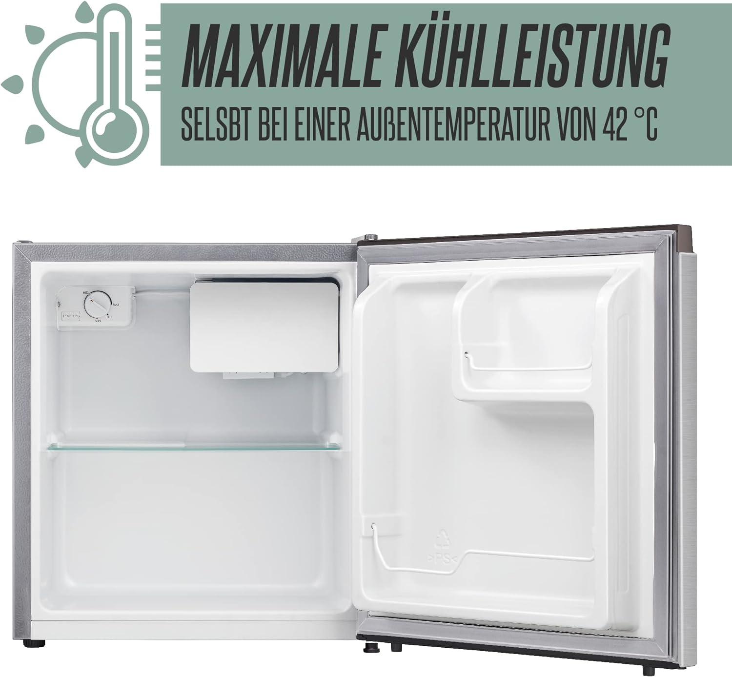 Minikühlschrank, offen, mit weißem und grauem Innenraum.