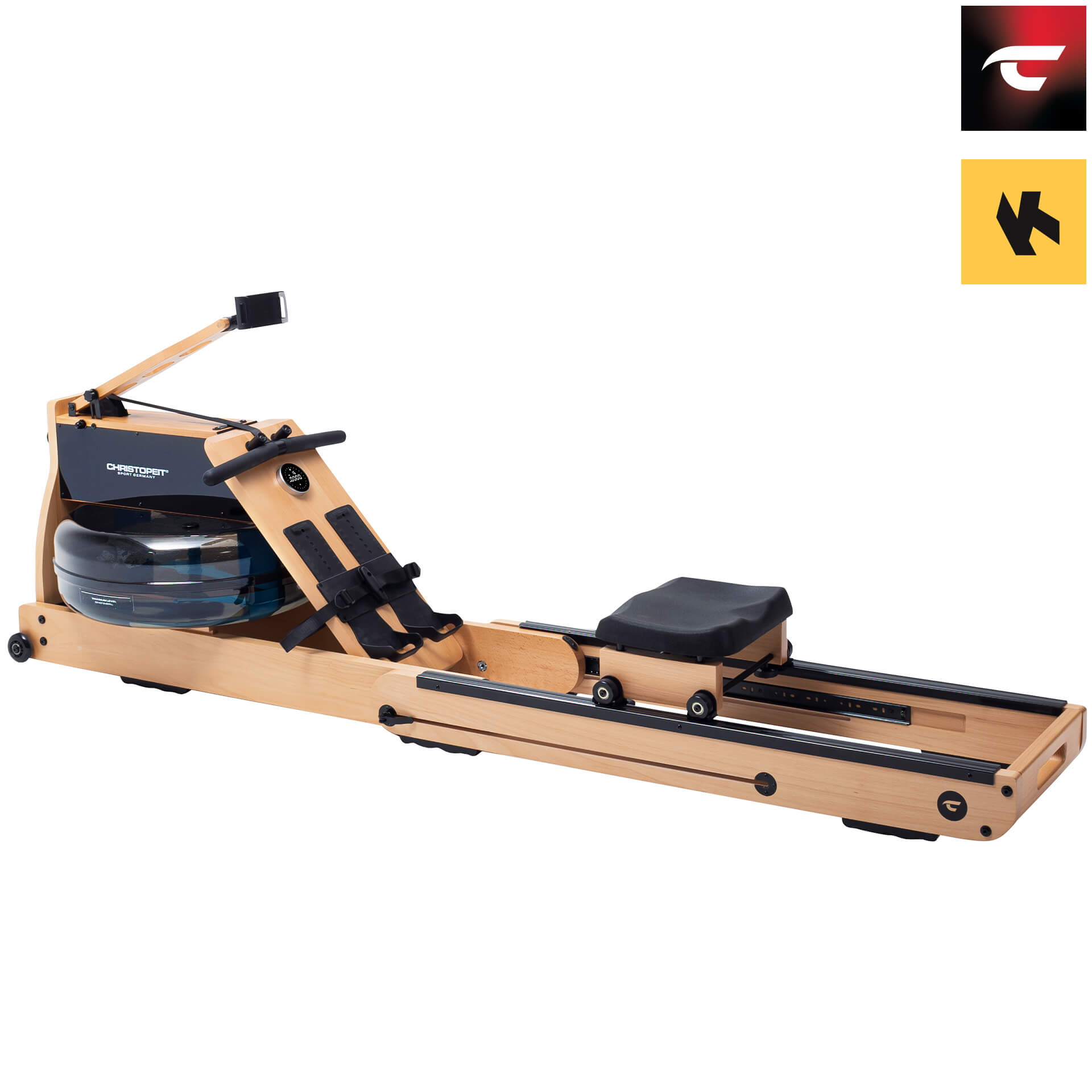 Ein Rudergerät aus Holz mit Wassertank und schwarzem Sitz.