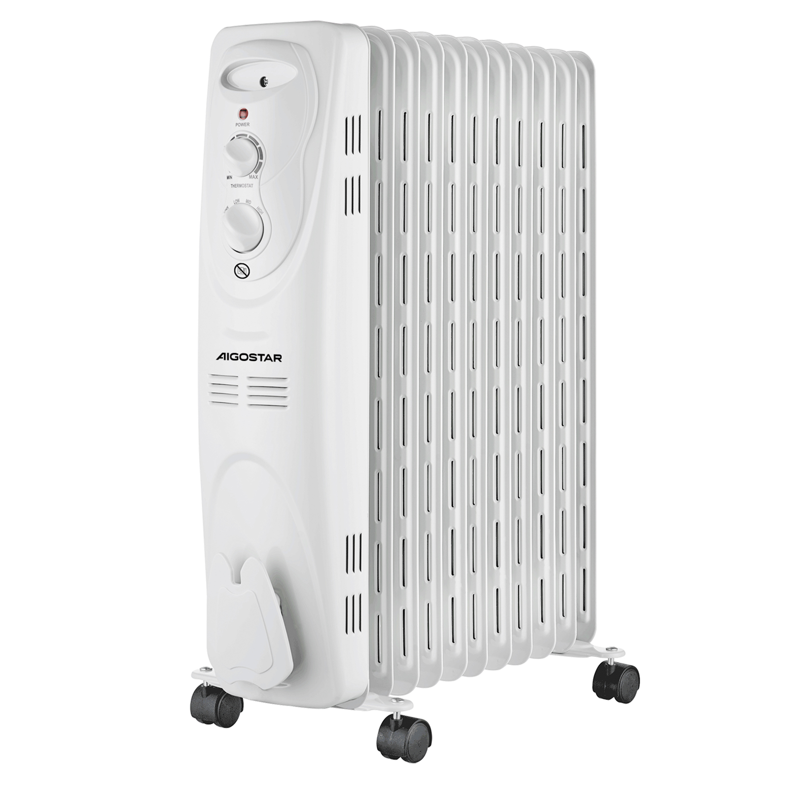 Radiador de aceite Aigostar blanco con controles, sobre ruedas y aletas verticales.