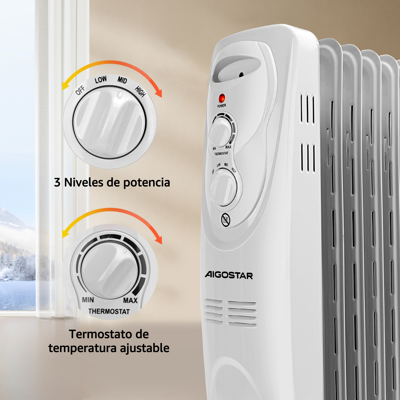 Calentador blanco con diales de encendido y termostato; ventana con nieve afuera.