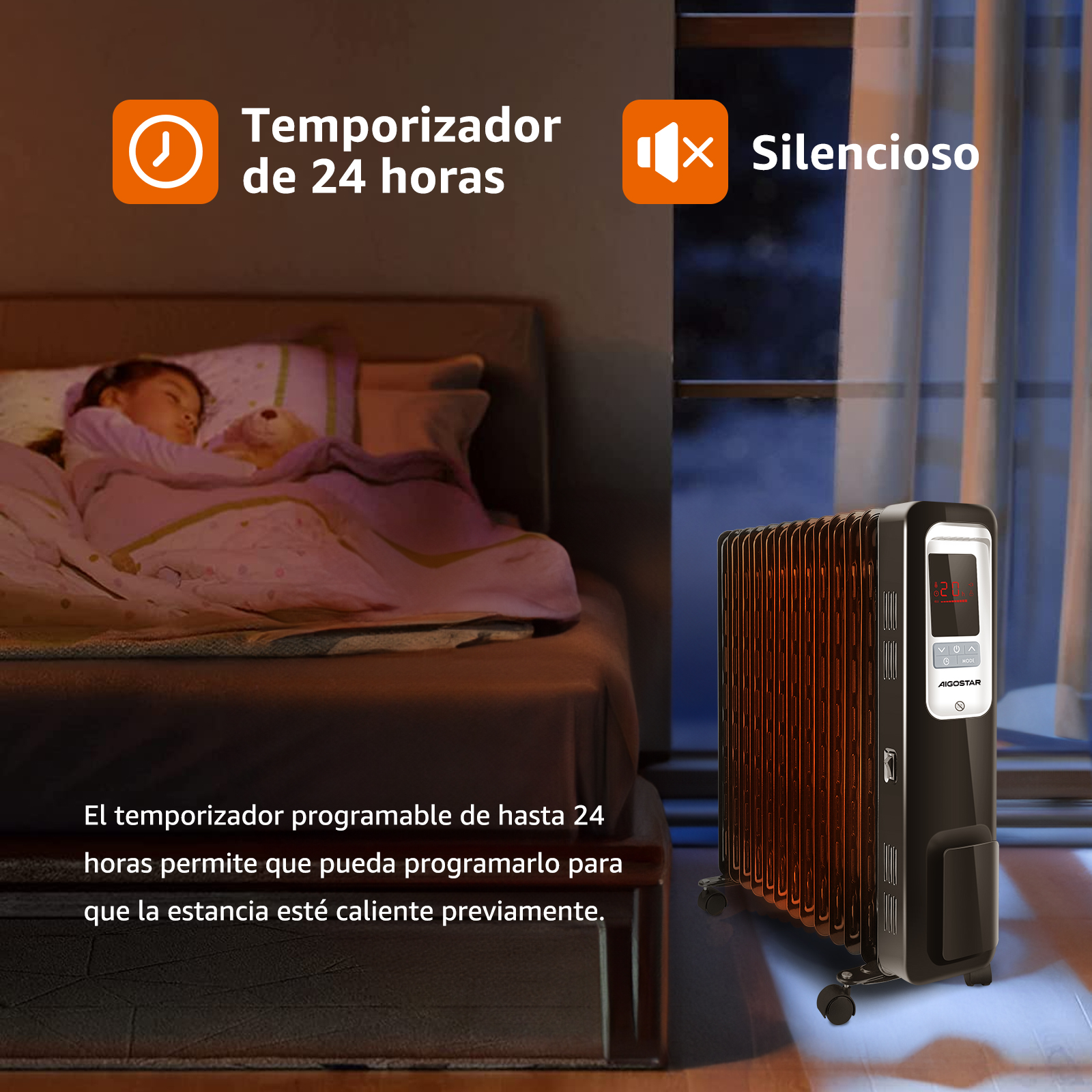 Una habitación con un niño durmiendo y un radiador negro. El texto indica temporizador y funcionamiento silencioso.