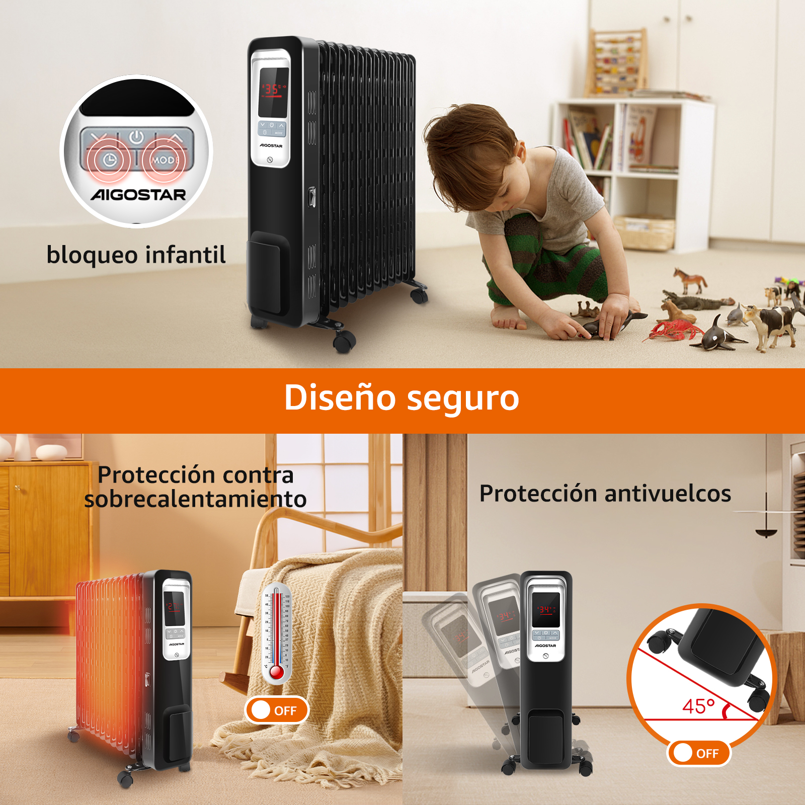 Radiador de aceite Aigostar negro con funciones de seguridad y un niño.