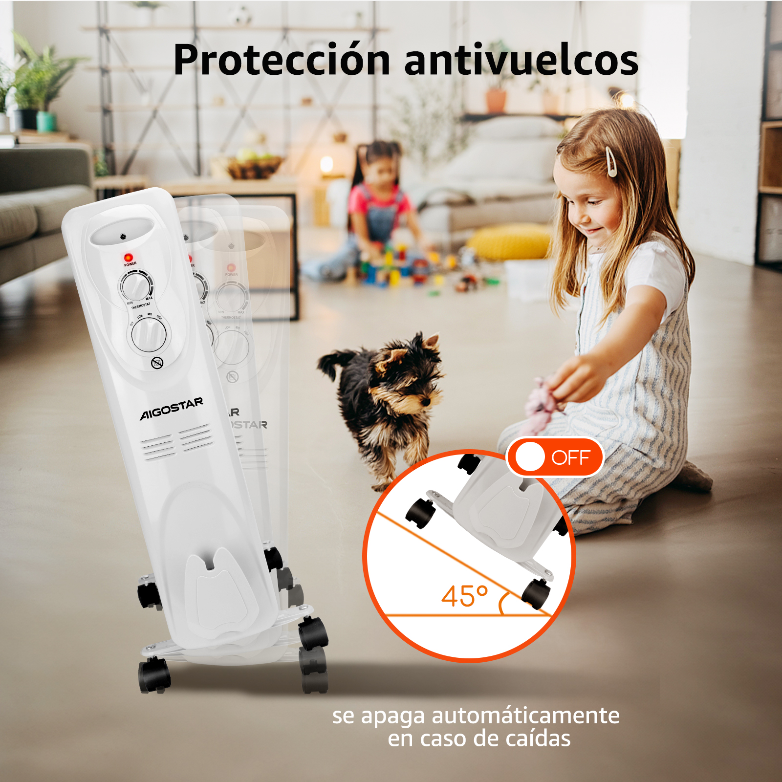Calentador eléctrico blanco con funciones de seguridad. Una niña y un perro en el fondo.