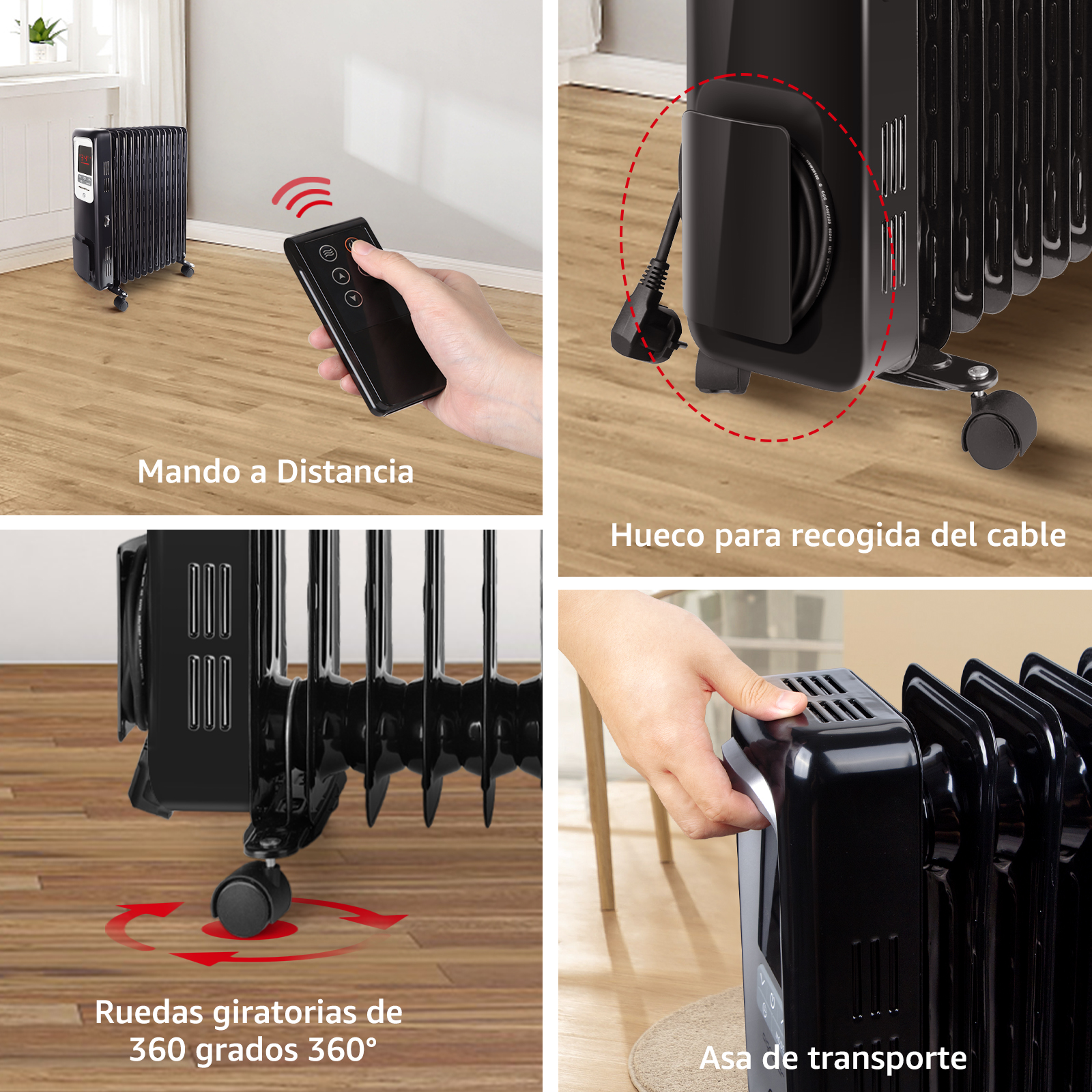 Imagen en cuatro partes que muestra un calentador eléctrico negro con mando a distancia, almacenamiento de cable y ruedas giratorias.