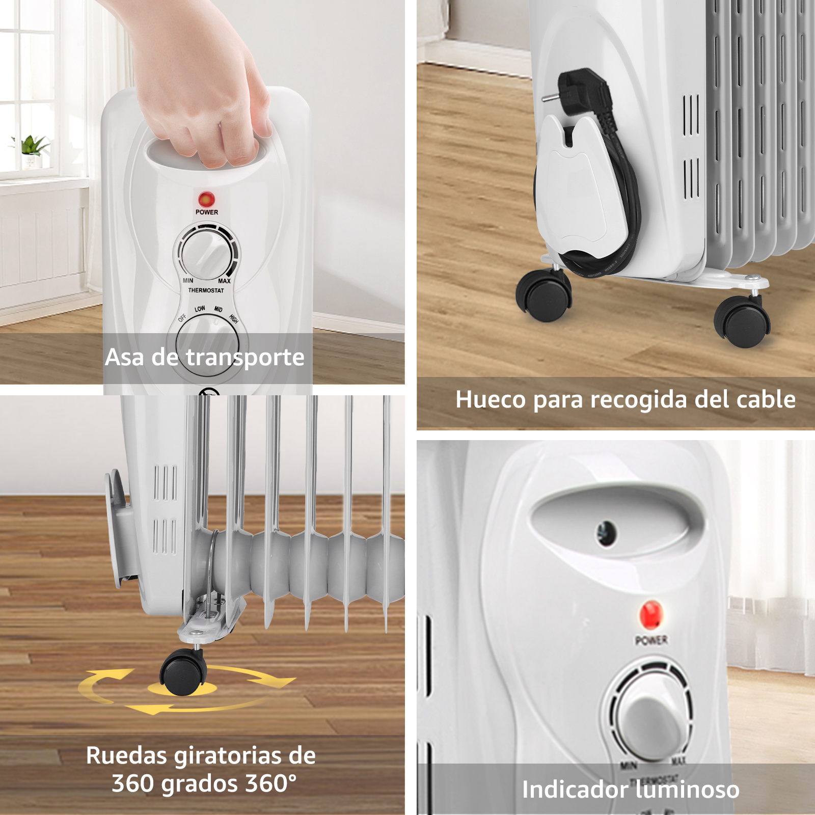 Calentador eléctrico blanco con vistas detalladas, incluyendo ruedas y botón de encendido.