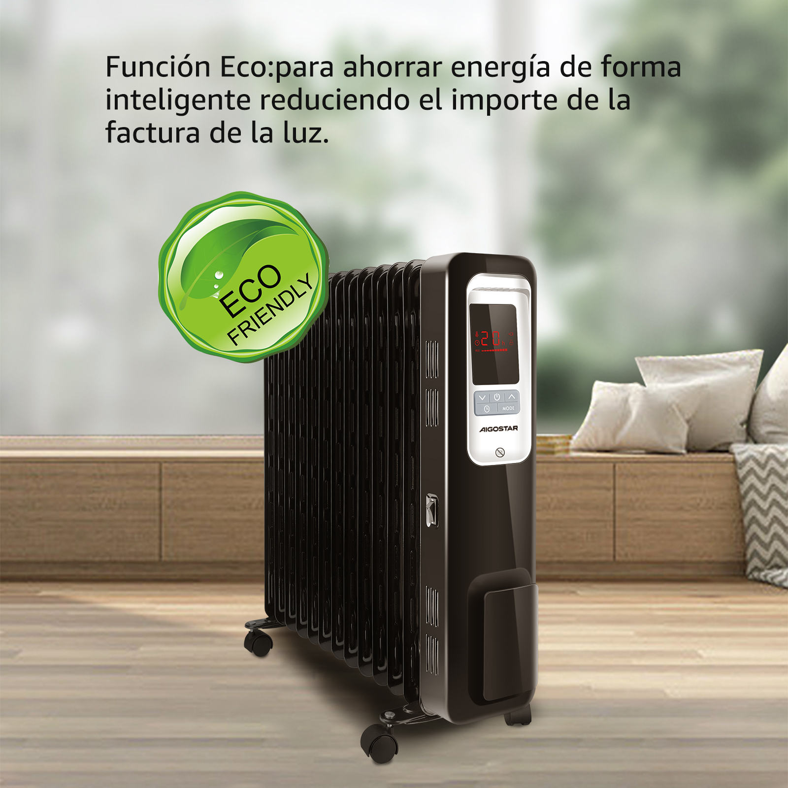 Radiador negro con pantalla digital y pegatina verde ecológica sobre suelo de madera.