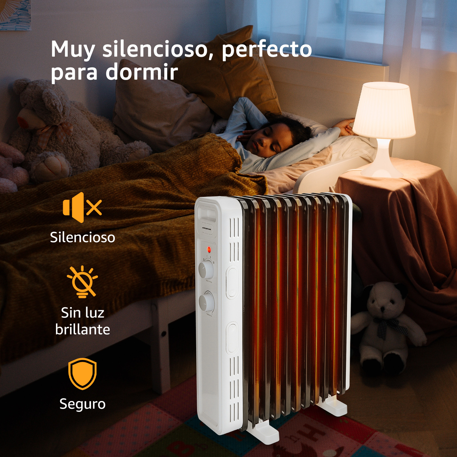 Calentador radiador con mujer durmiendo en la cama.