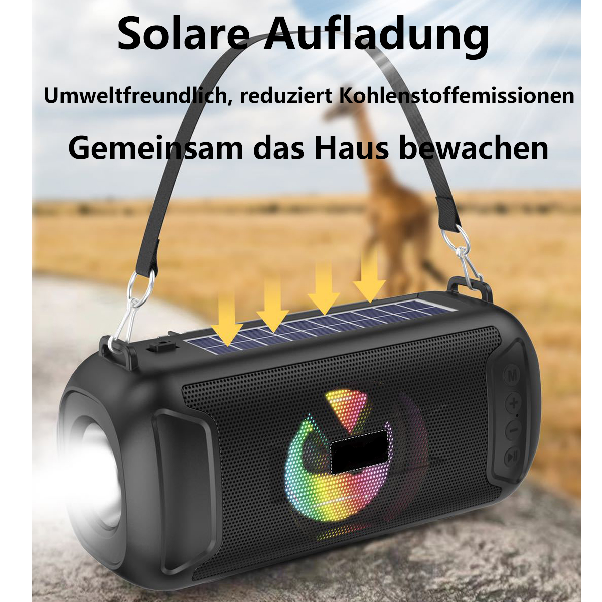 Schwarzer Lautsprecher mit Solarpanel, mit Licht und einer Giraffe im Hintergrund.