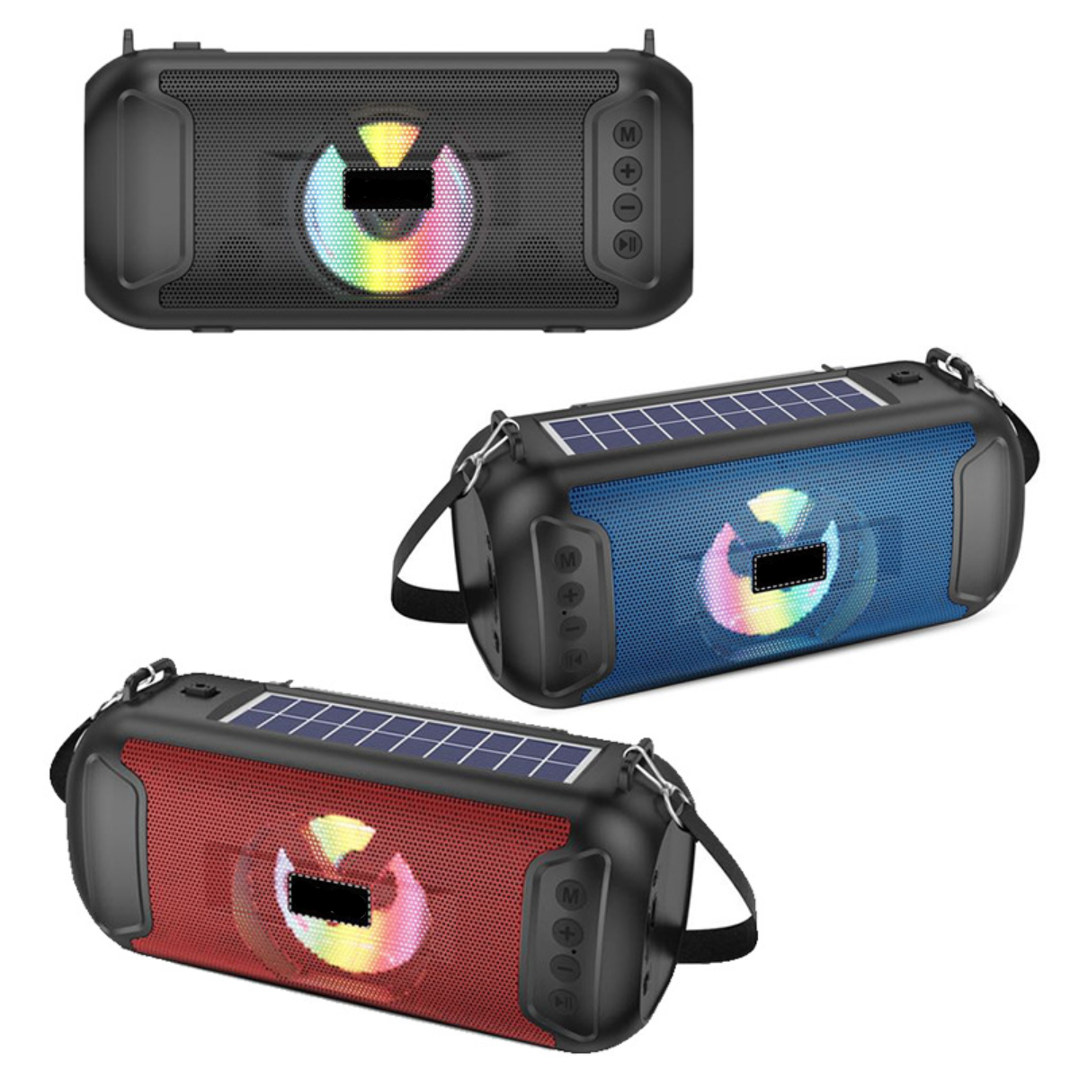 Drei Lautsprecher, schwarz, blau und rot. Jedes mit Solarpanel und farbenfroher Lichtanzeige.