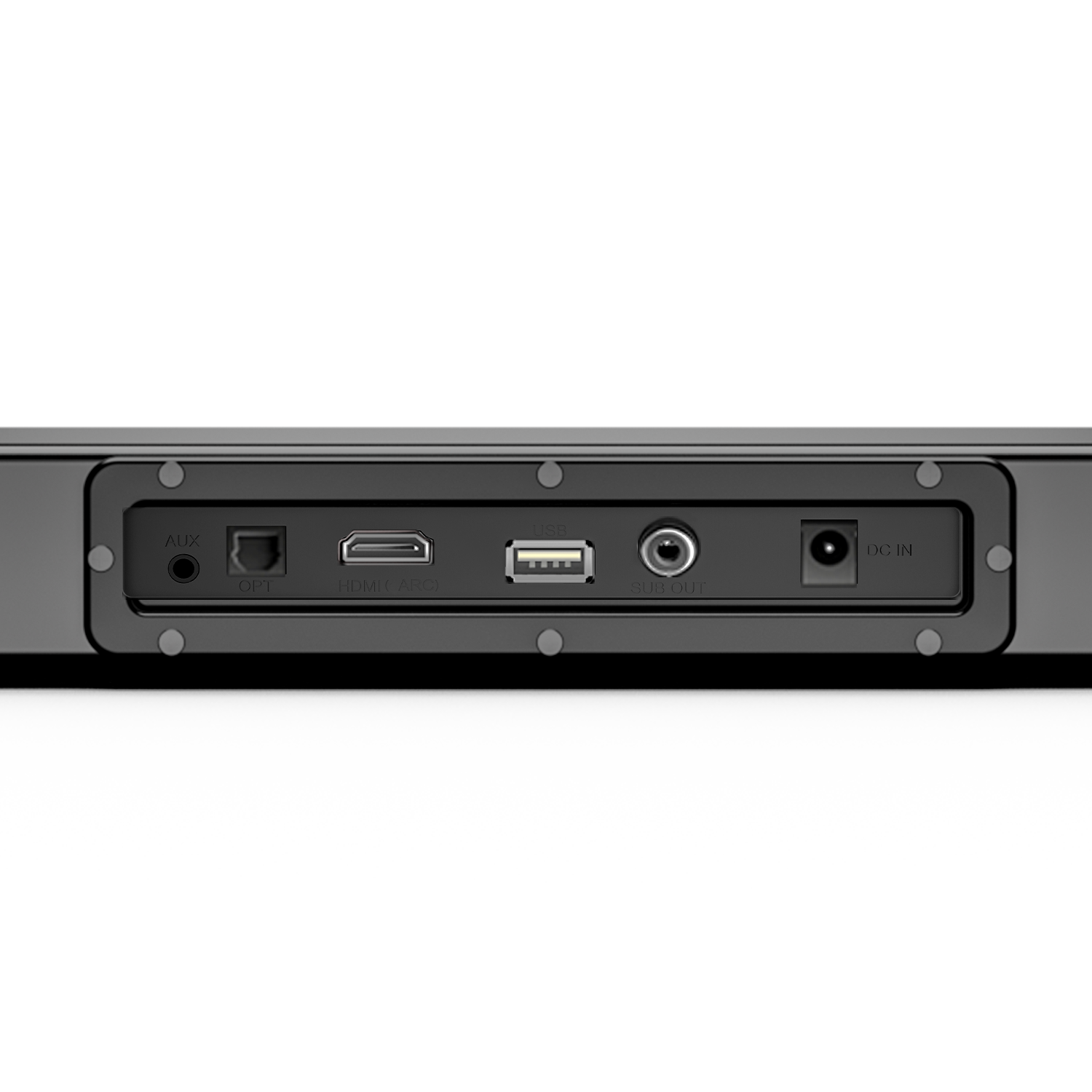Soundbar-Rückseite mit Anschlüssen: AUX, OPT, HDMI ARC, USB und DC IN. Schwarz, flach und rechteckig.