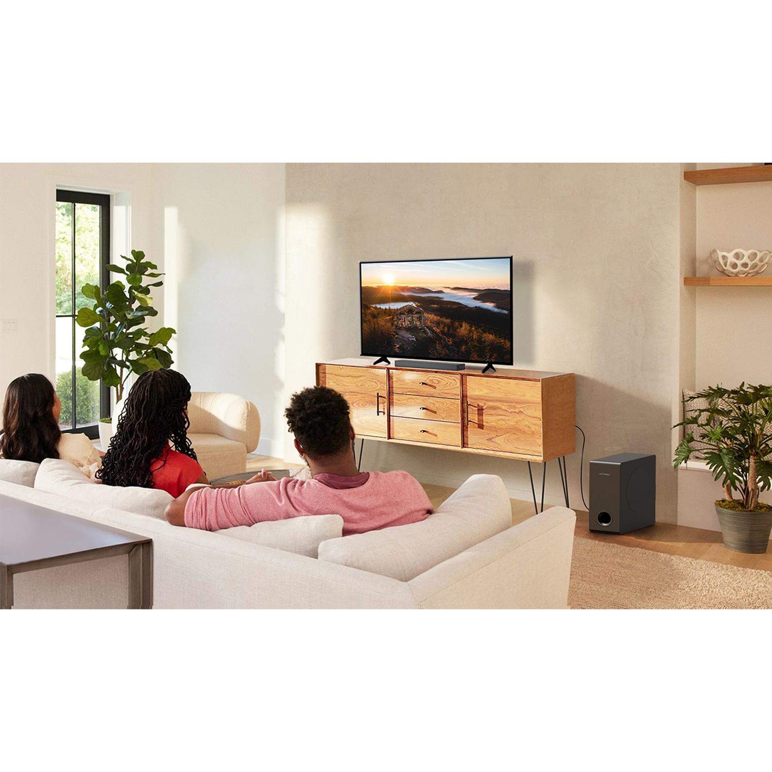 Wohnzimmer mit Fernseher, Menschen auf Couch, Pflanzen.